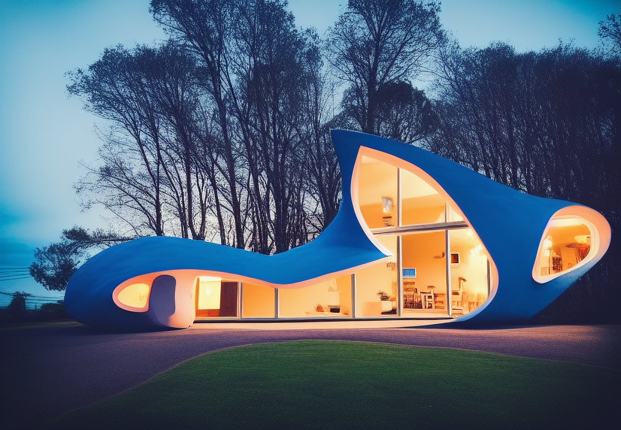 Modern blue Airbnb vacation home at night, illuminated interior visible through large windows.