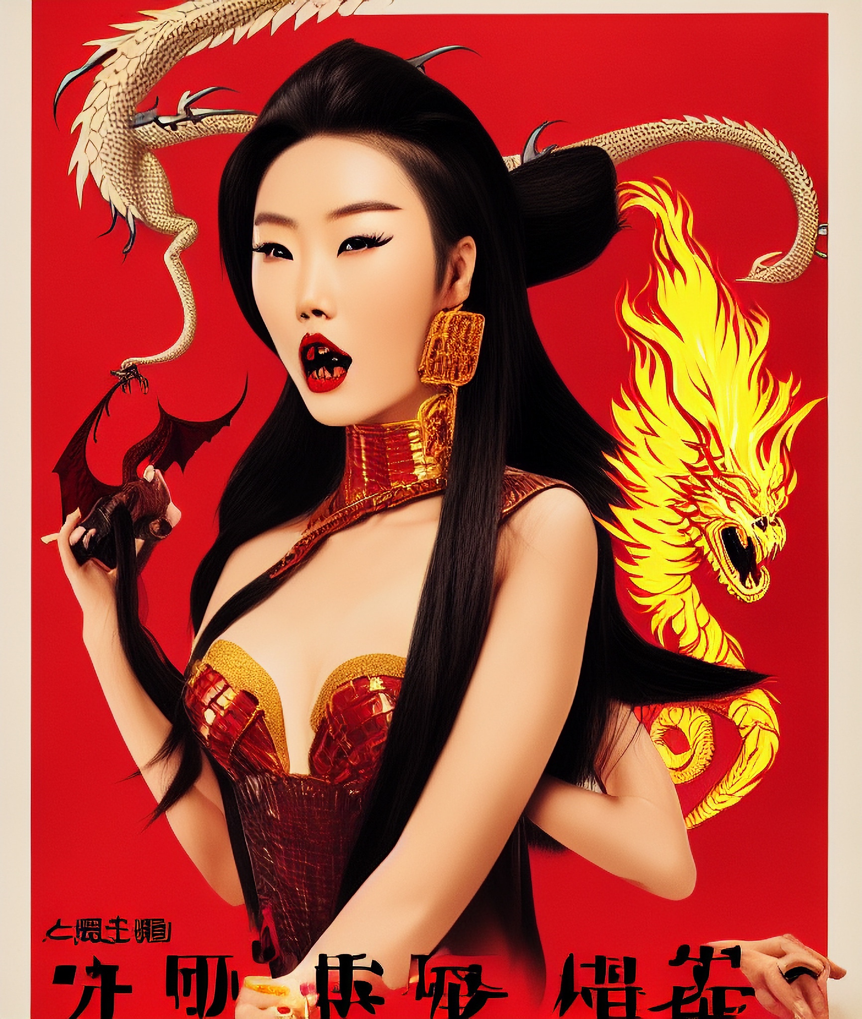 Vintage Hong Kong movie poster featuring a woman in a red and gold dragon-scale corset, surrounded by dragons.