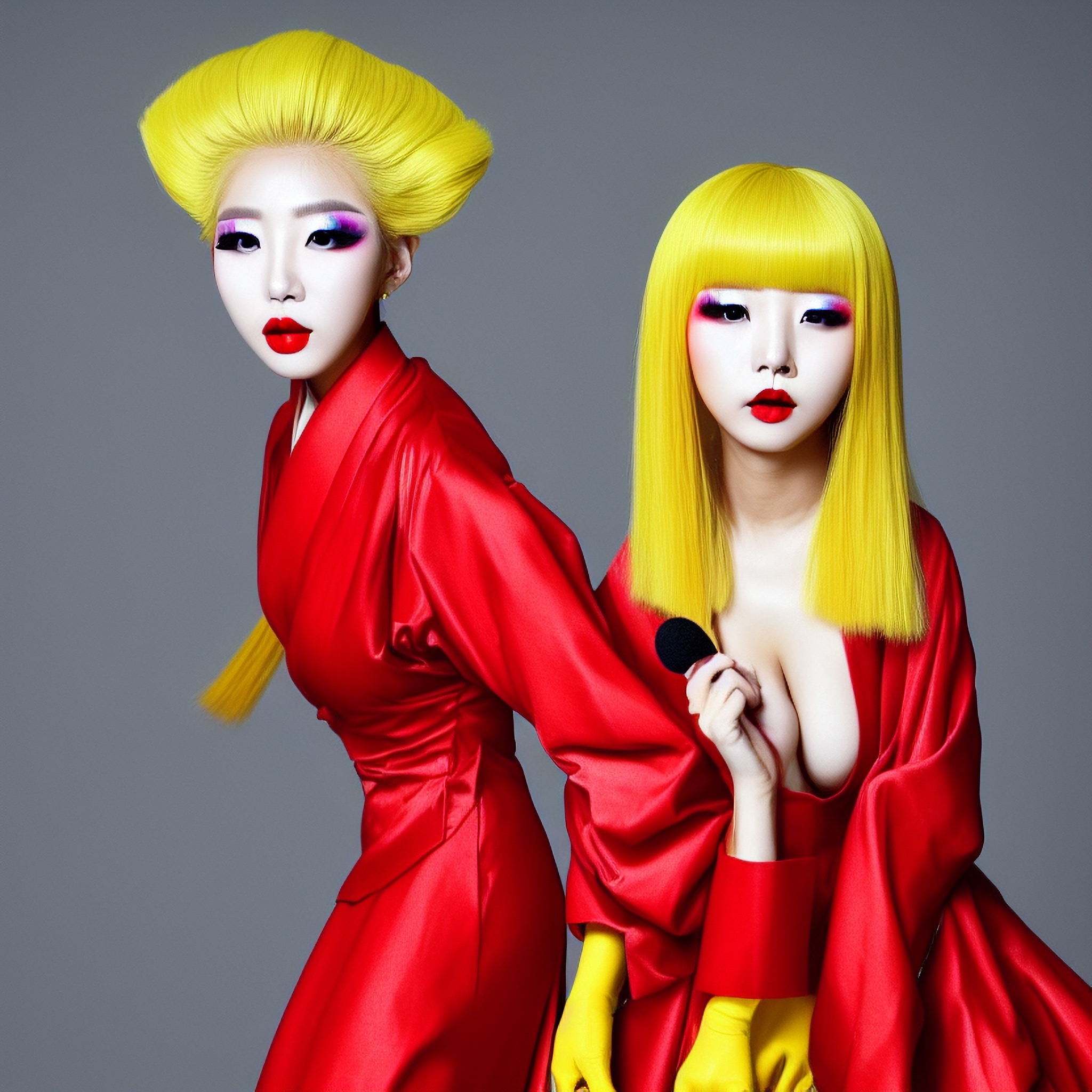 Two women with bright yellow wigs and bold makeup wear matching red satin robes.