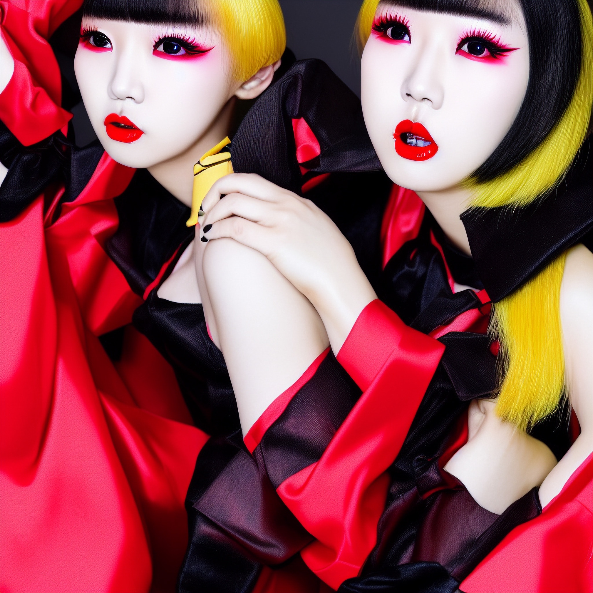 Two women with yellow and black bob haircuts and dramatic makeup wear red and black satin fabric.