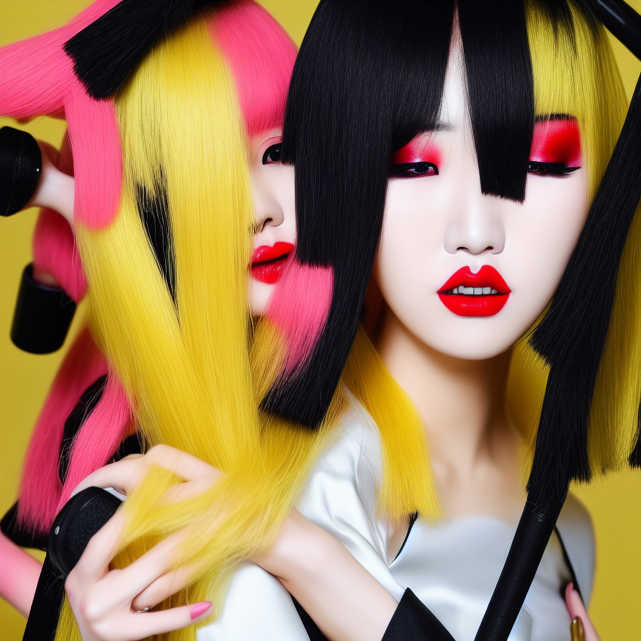Two women with brightly colored, stylized hair; one with yellow and pink, the other with black and yellow.