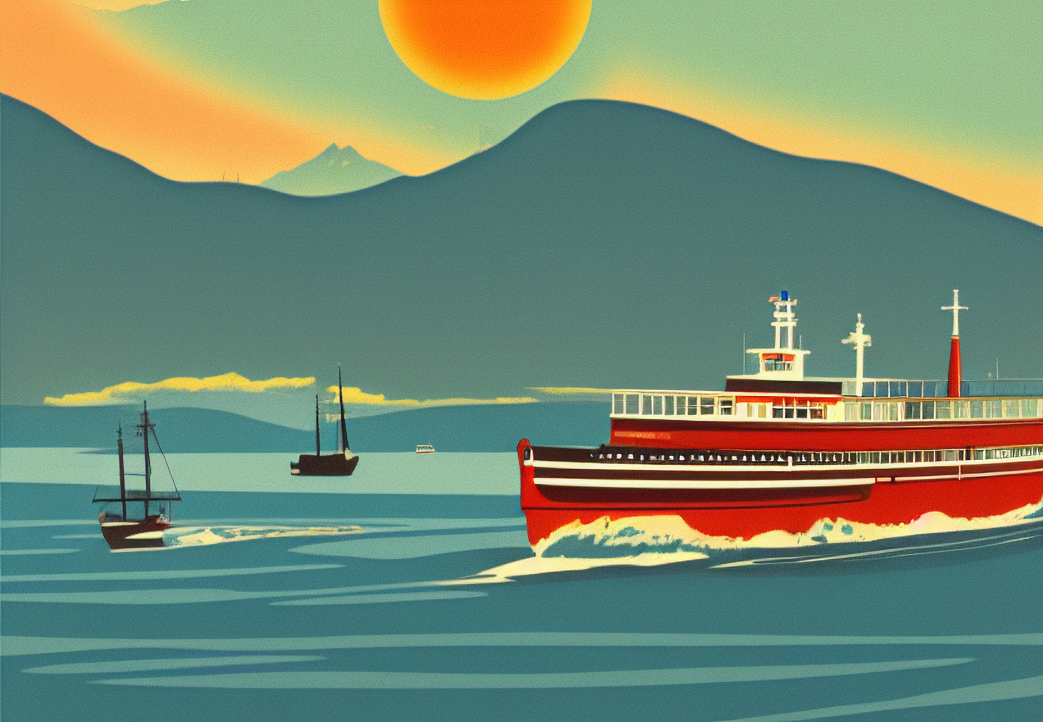 Vintage-style illustration of a red ferry on a fjord, with mountains and a setting sun in the background.