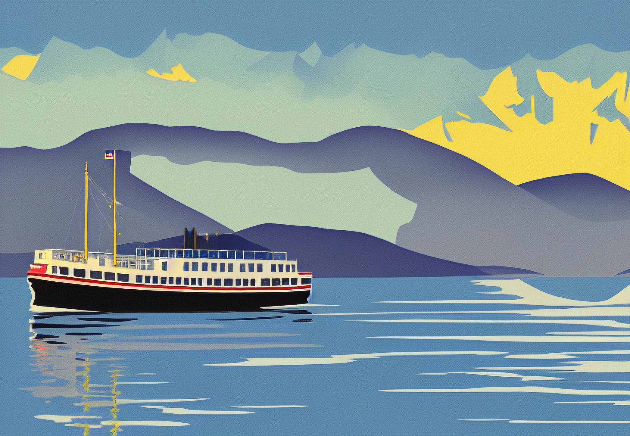 Vintage-style illustration of a ferry sailing in a Norwegian fjord with mountains in the background.