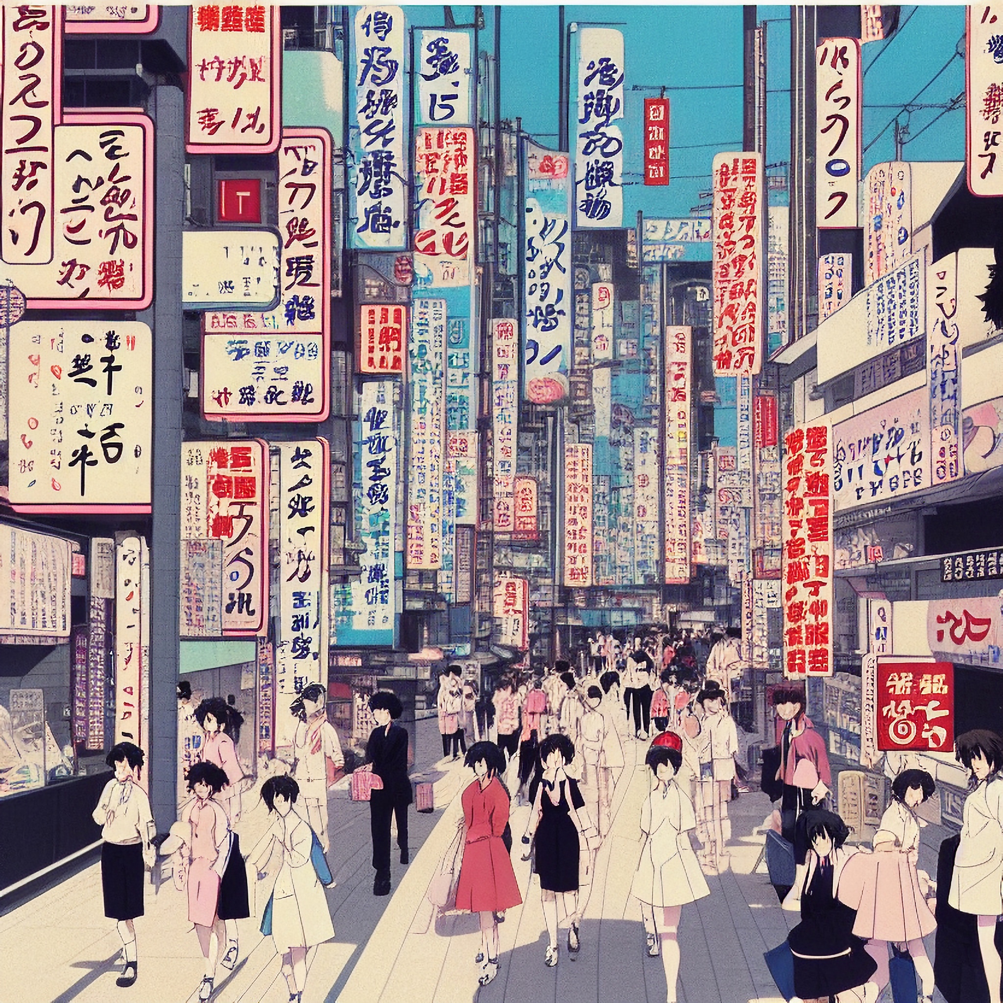 Anime-style illustration of a crowded Osaka cityscape with numerous Japanese signs and anime characters.