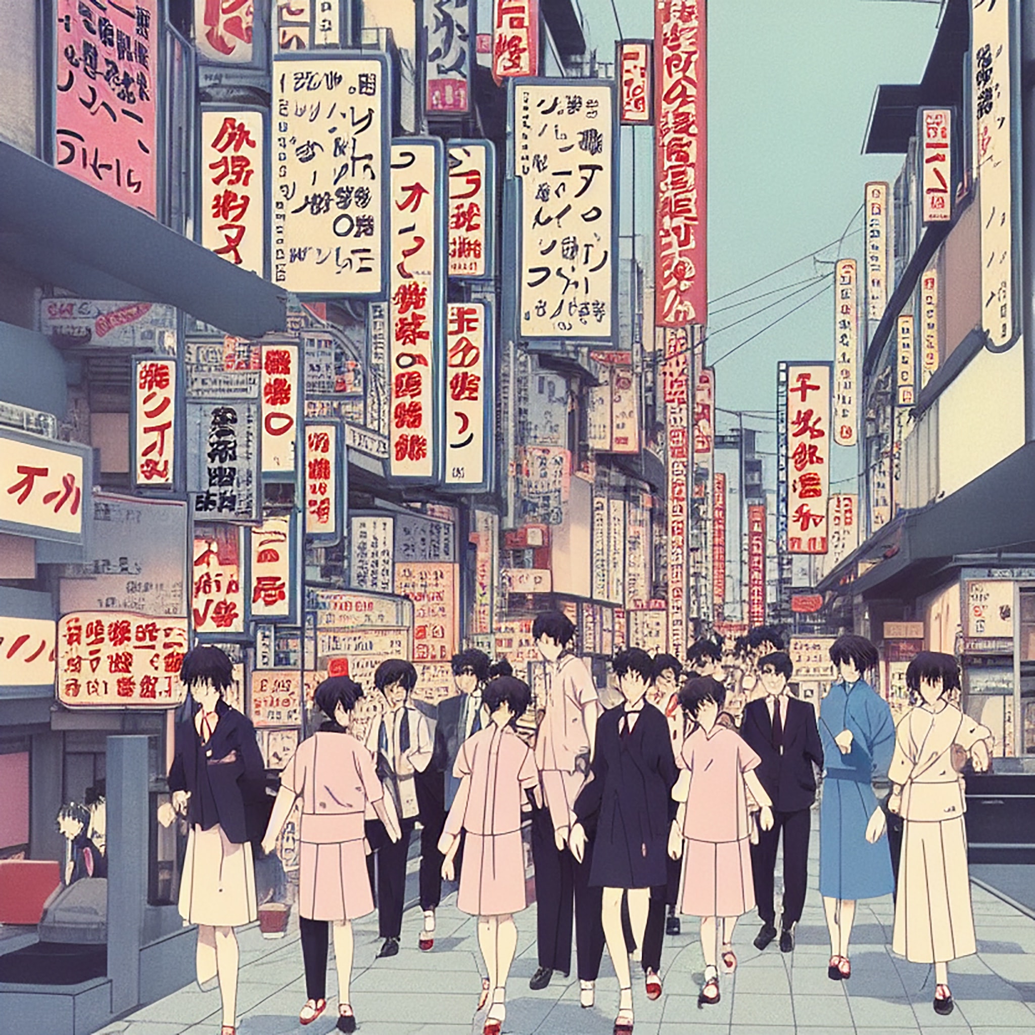 Anime-style illustration of a group of people walking down a bustling Osaka street lined with Japanese signs.