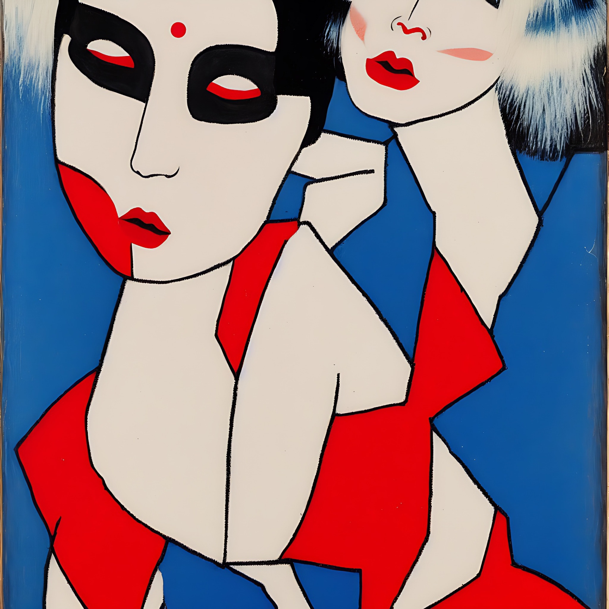 Bauhaus-style painting of two stylized faces in red, blue, black, and white.
