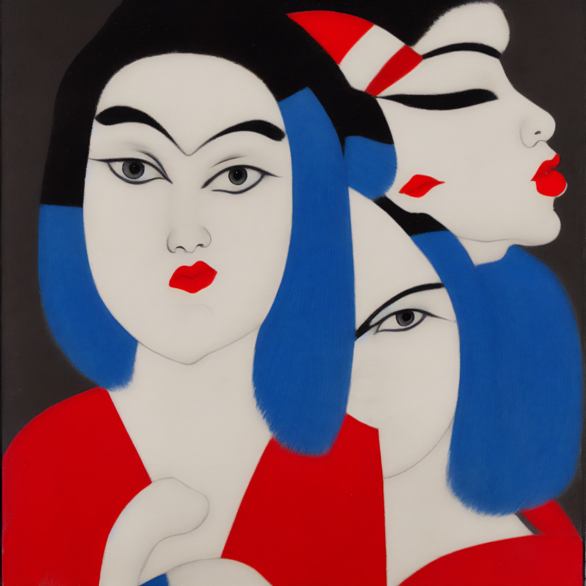 Bauhaus-style painting of three stylized female faces in red, blue, and black.