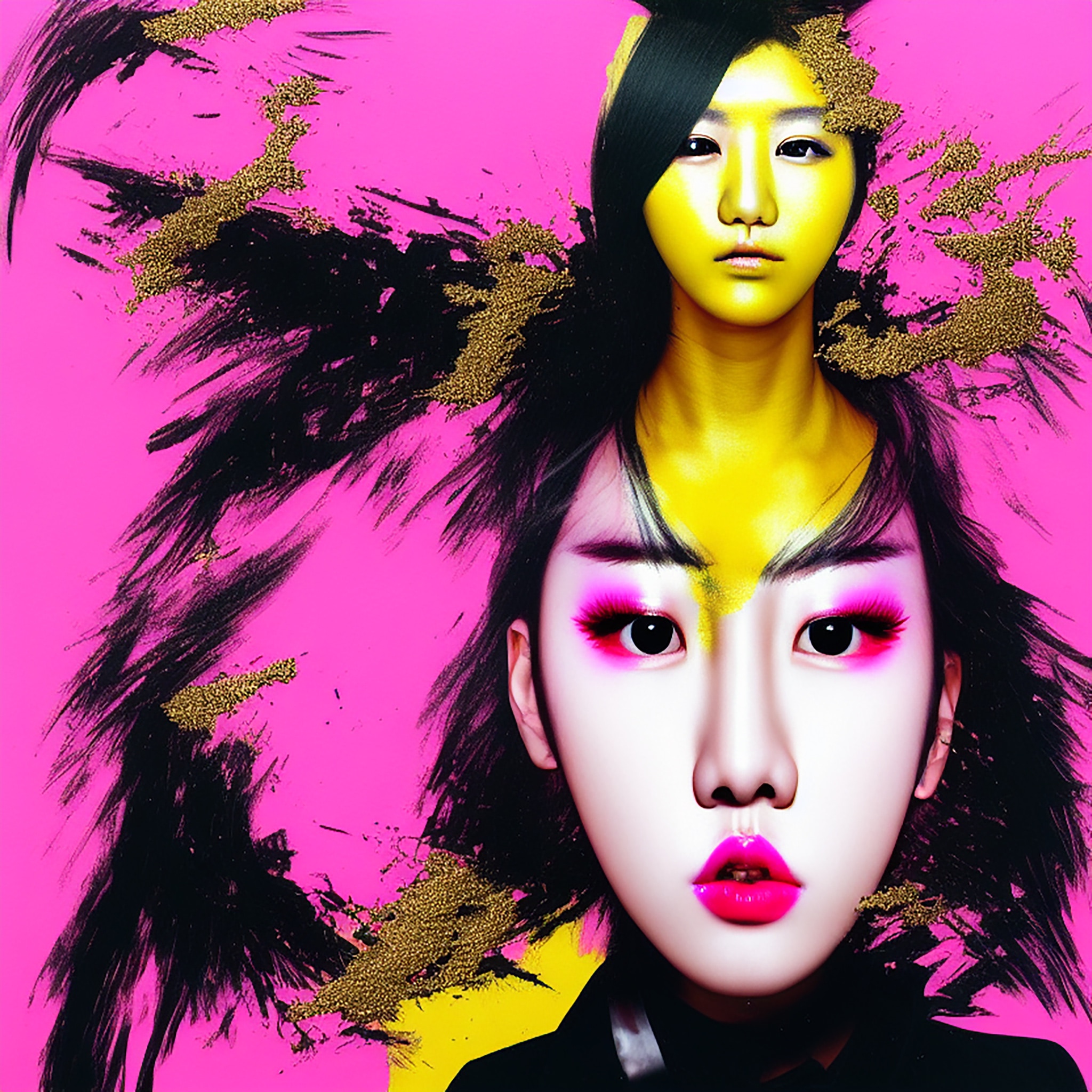 Painting of two women's faces, one yellow and one with pink makeup, set against a pink background with black and gold brushstrokes.