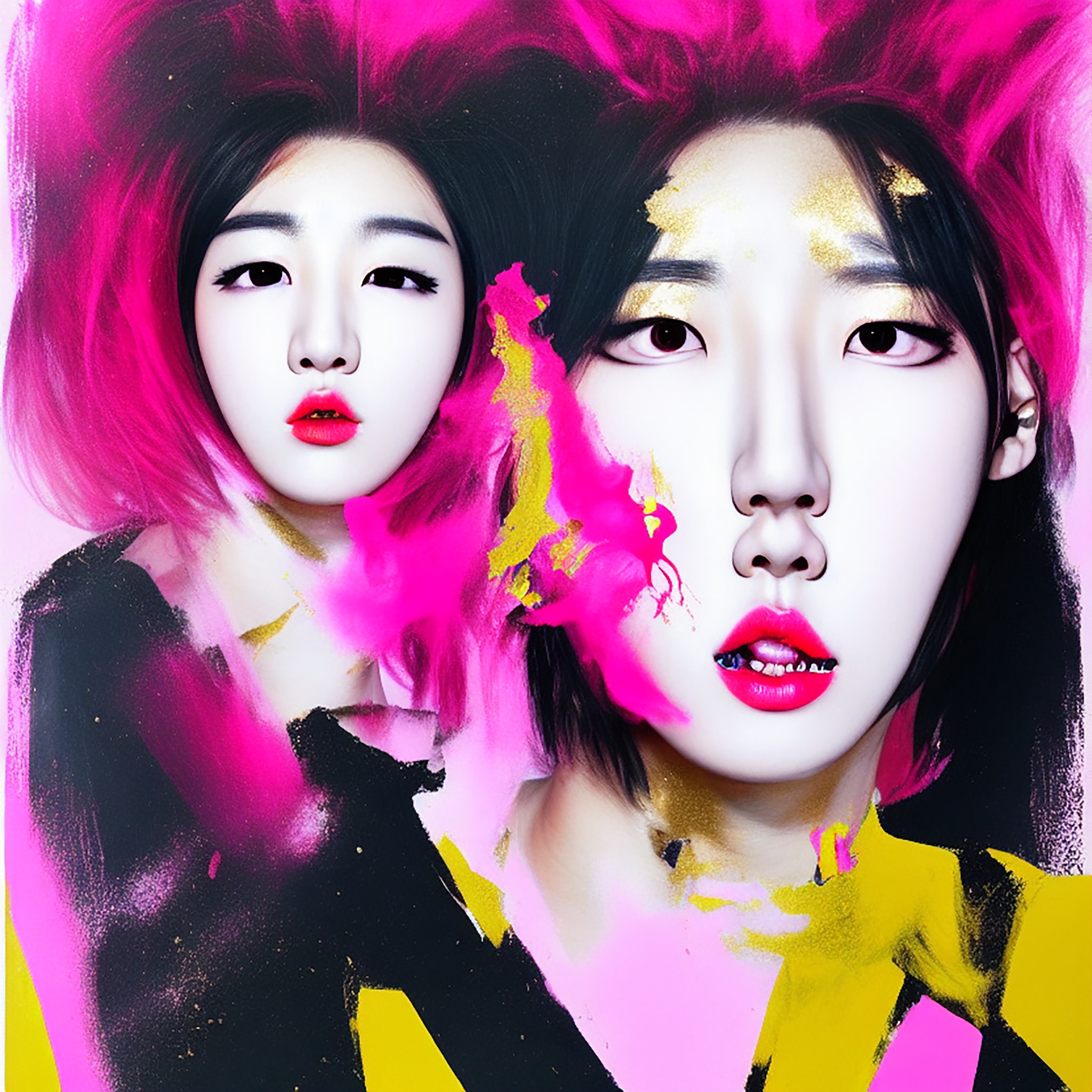 Painting of two women's faces, partially obscured by pink and gold paint splatters.