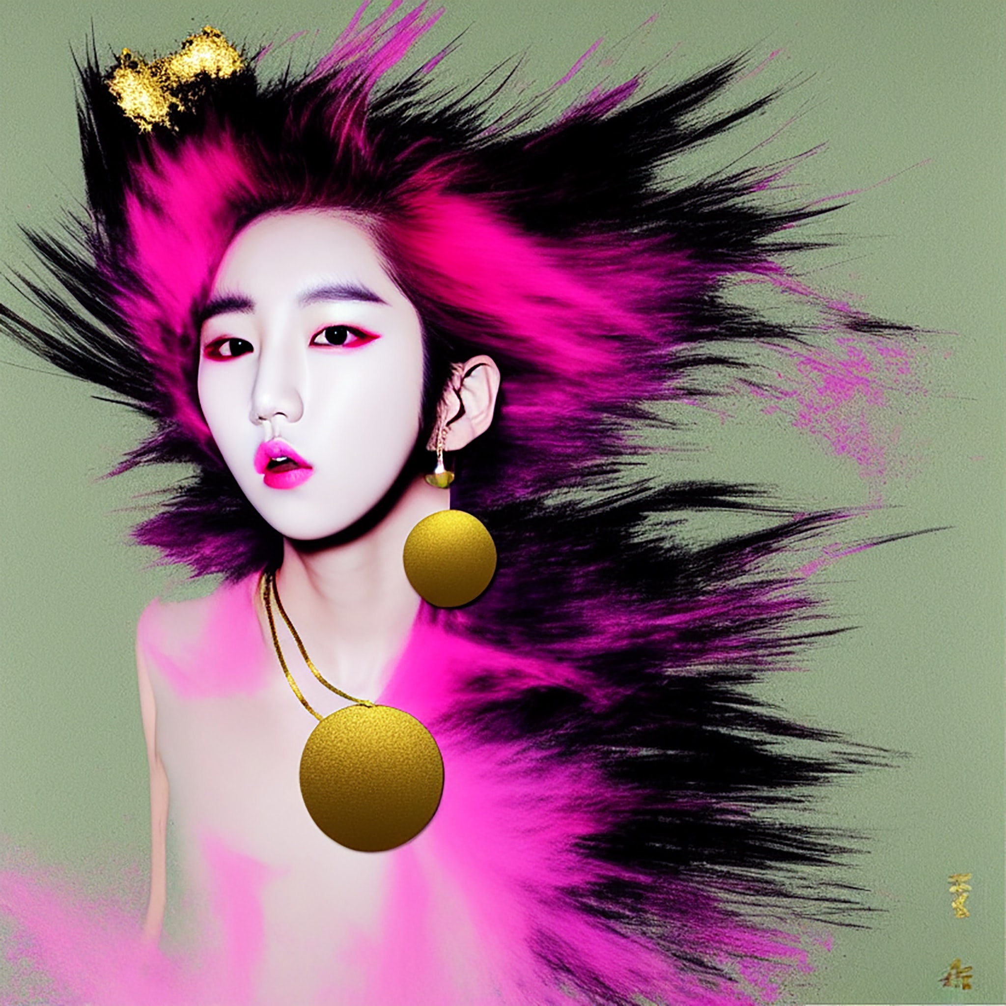 Woman with vibrant pink and black hair, gold jewelry, and makeup.