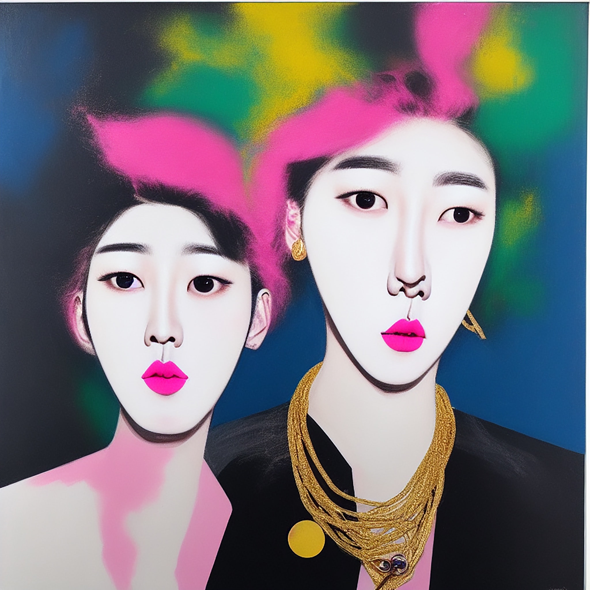 Painting of two Korean women with pink accents and gold jewelry.