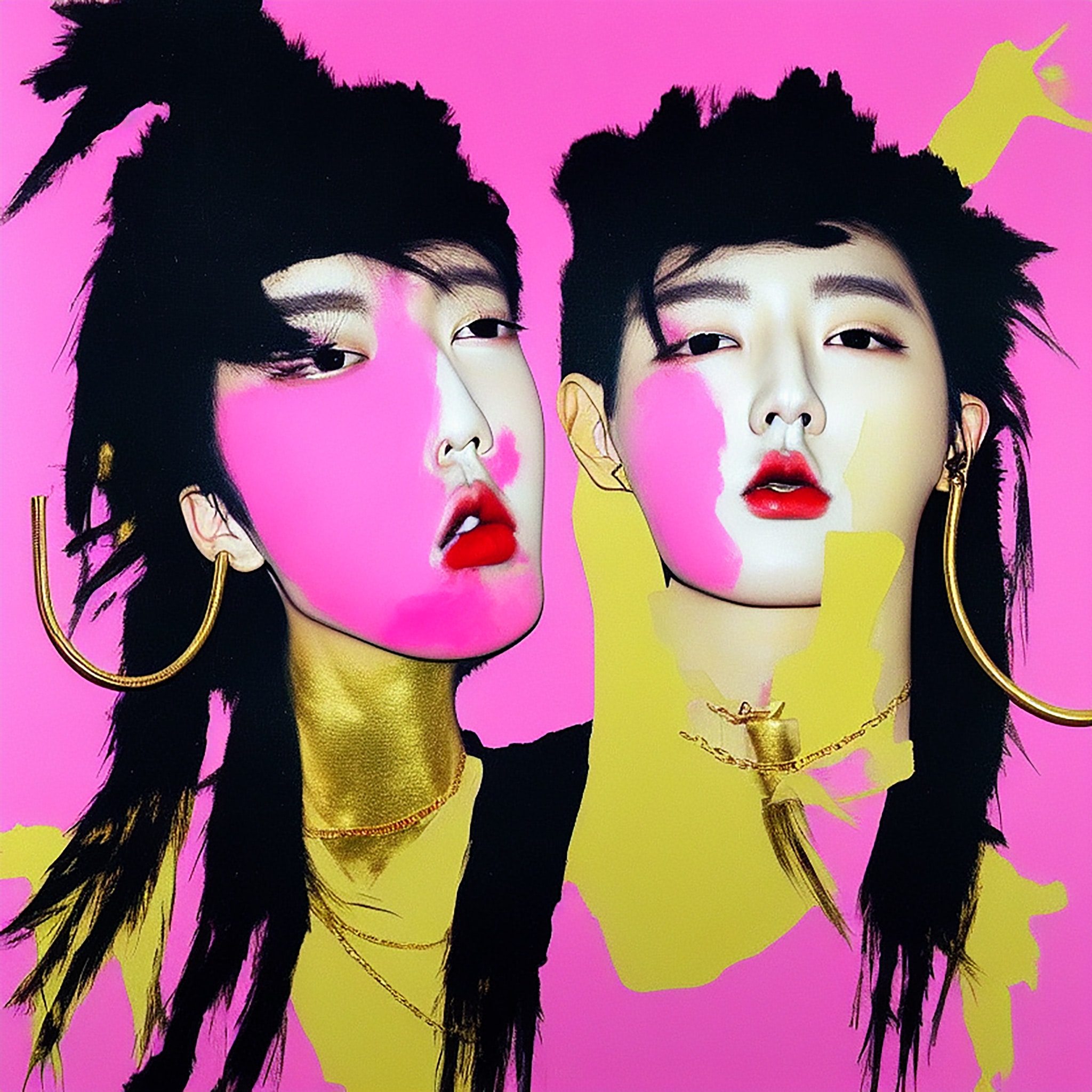 Two Korean women with pink and gold makeup, large gold hoops, and black hair against a pink background.