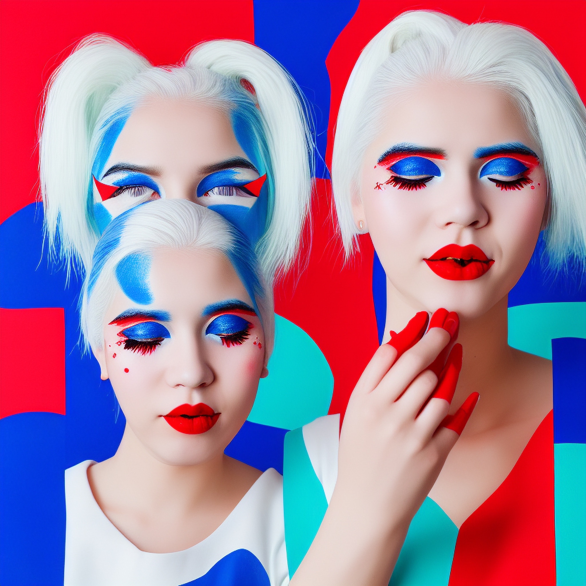 Two women with platinum blonde hair and bold blue and red pop art makeup.
