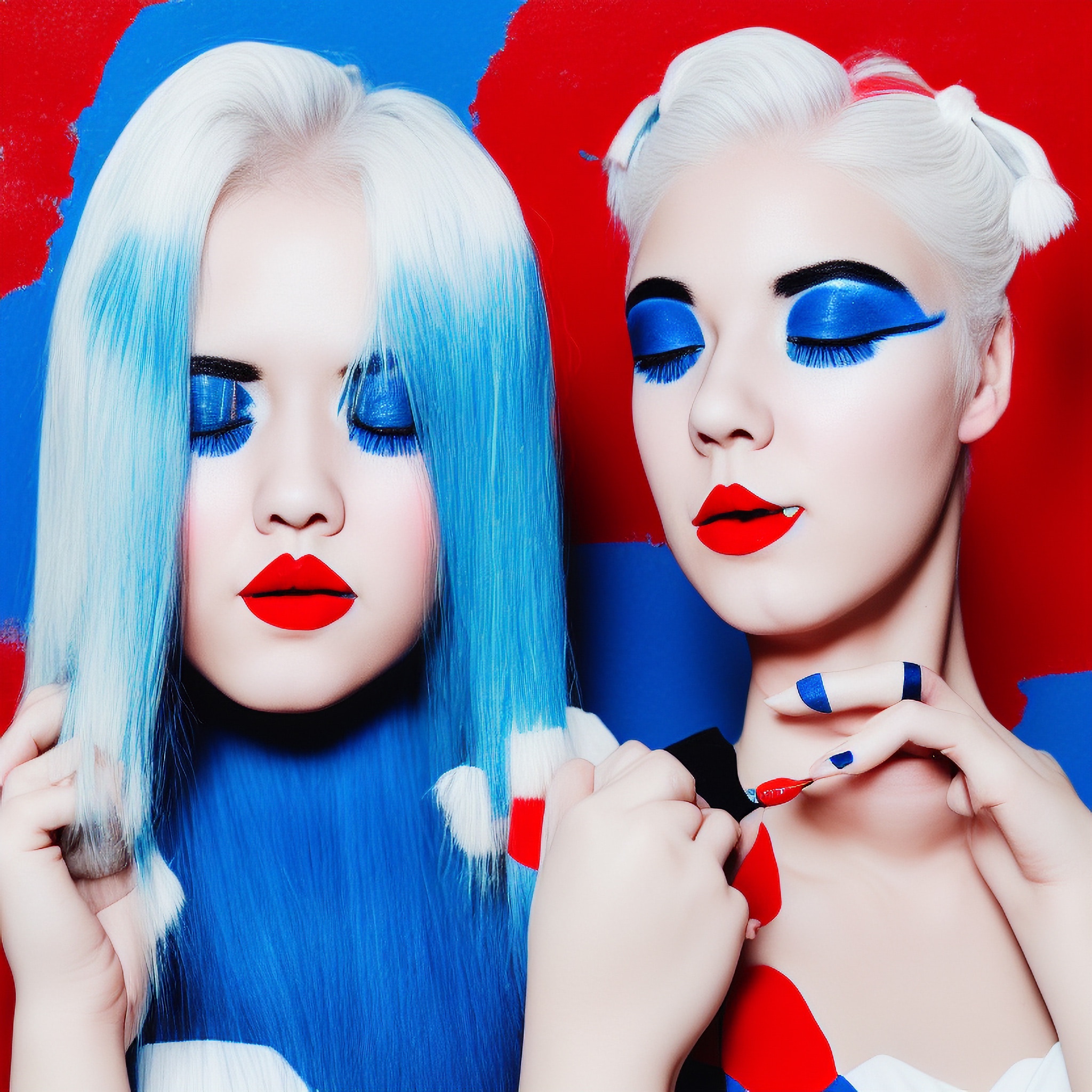Two women with platinum blonde and blue hair, bold blue eyeshadow, and red lipstick, posed against a red and blue background.