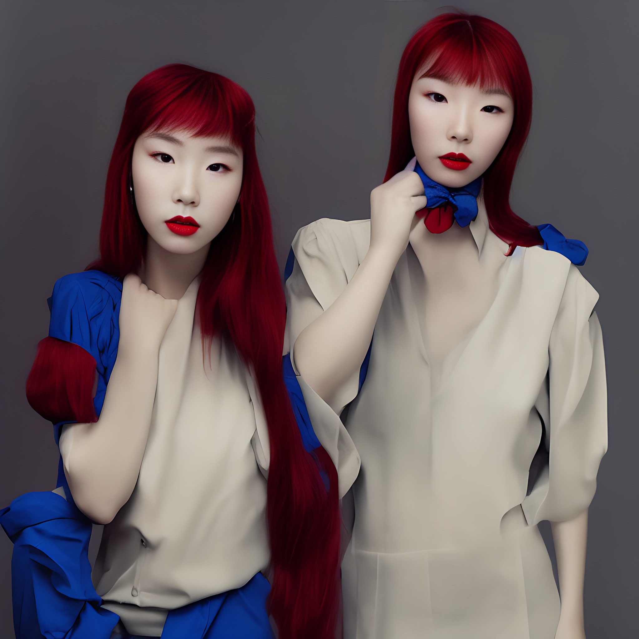 Two Korean women with long red hair, wearing beige shirts and blue accents.