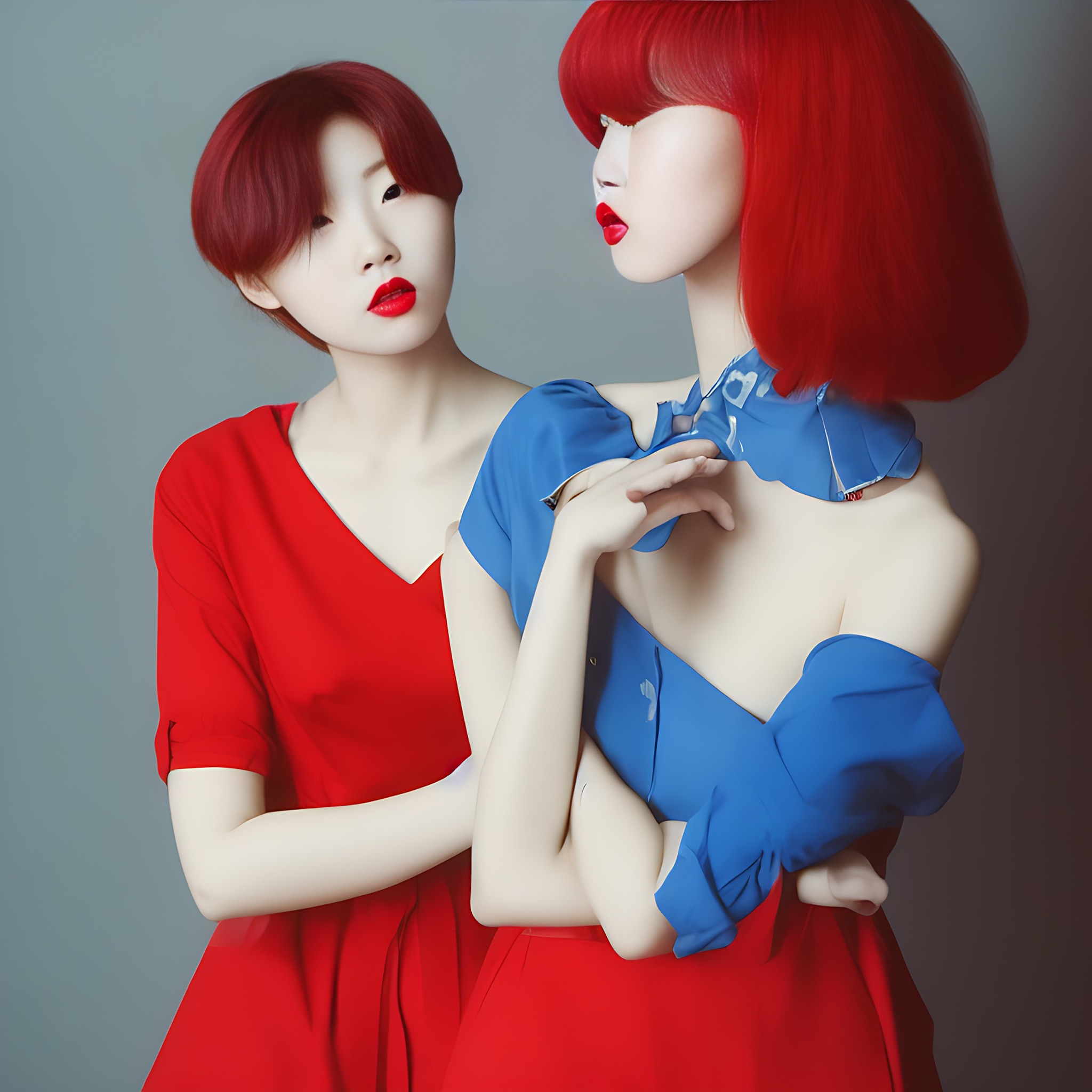 Two Korean women with red hair wearing red and blue dresses.