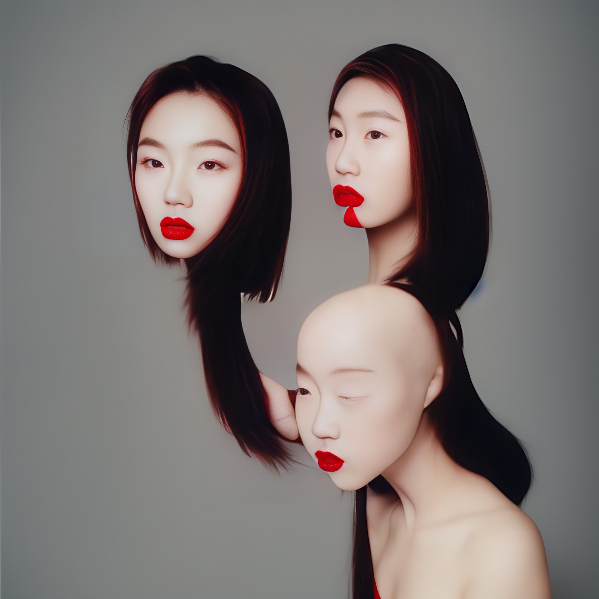 Surreal portrait of three female faces with long dark hair and red lipstick.