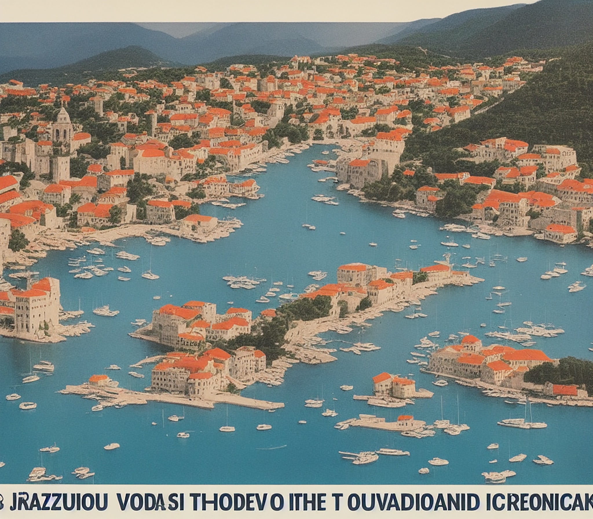Aerial view of a Croatian town with orange-roofed buildings and many boats in the harbor.