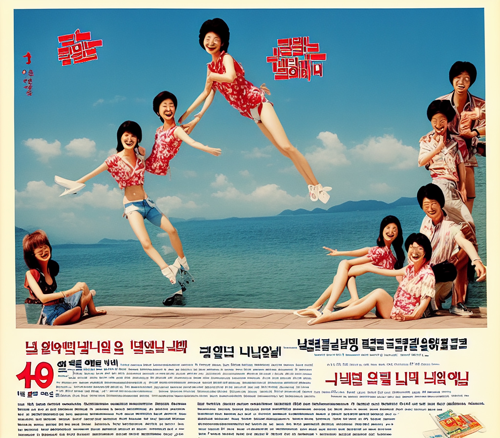 Poster for a 1980s South Korean summer vacation film, featuring multiple people in playful poses by the ocean.