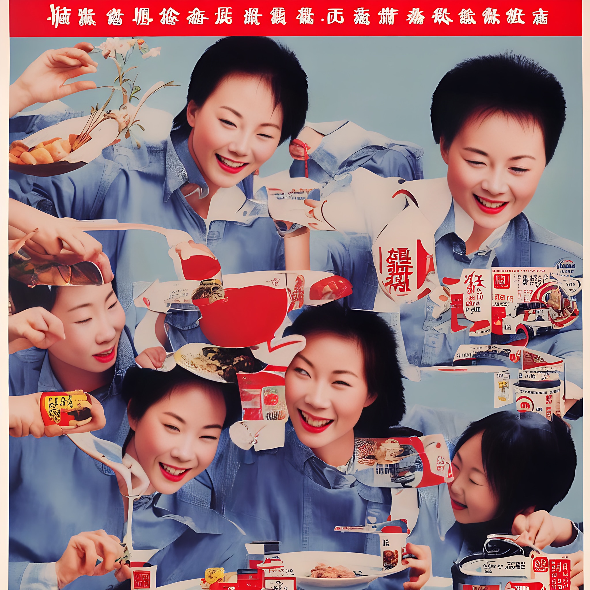 1980s Chinese poster collage of women in a kitchen preparing and eating food.