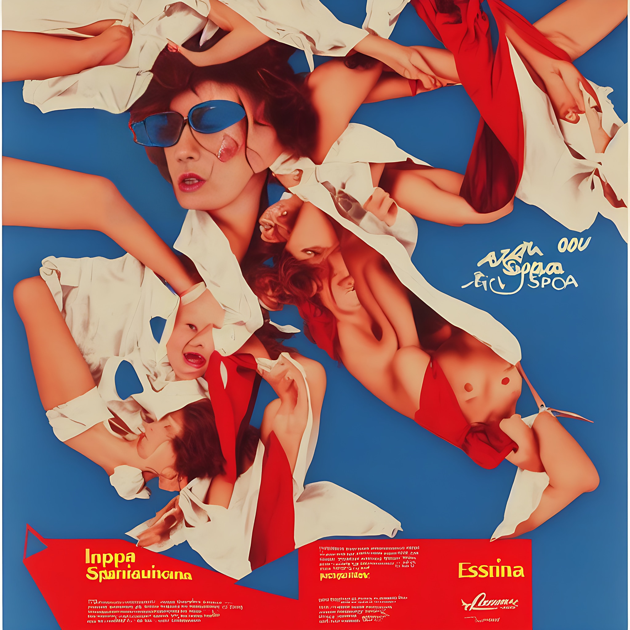 1980s Spanish poster design featuring women in red and white clothing against a blue background.