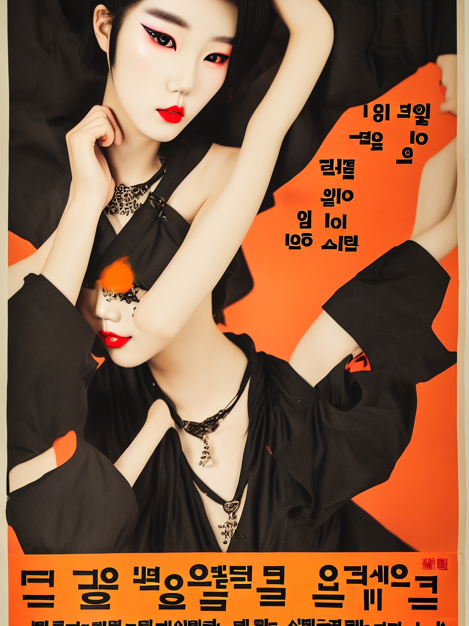 Propaganda poster featuring a young woman in black clothing against an orange background; Korean text.