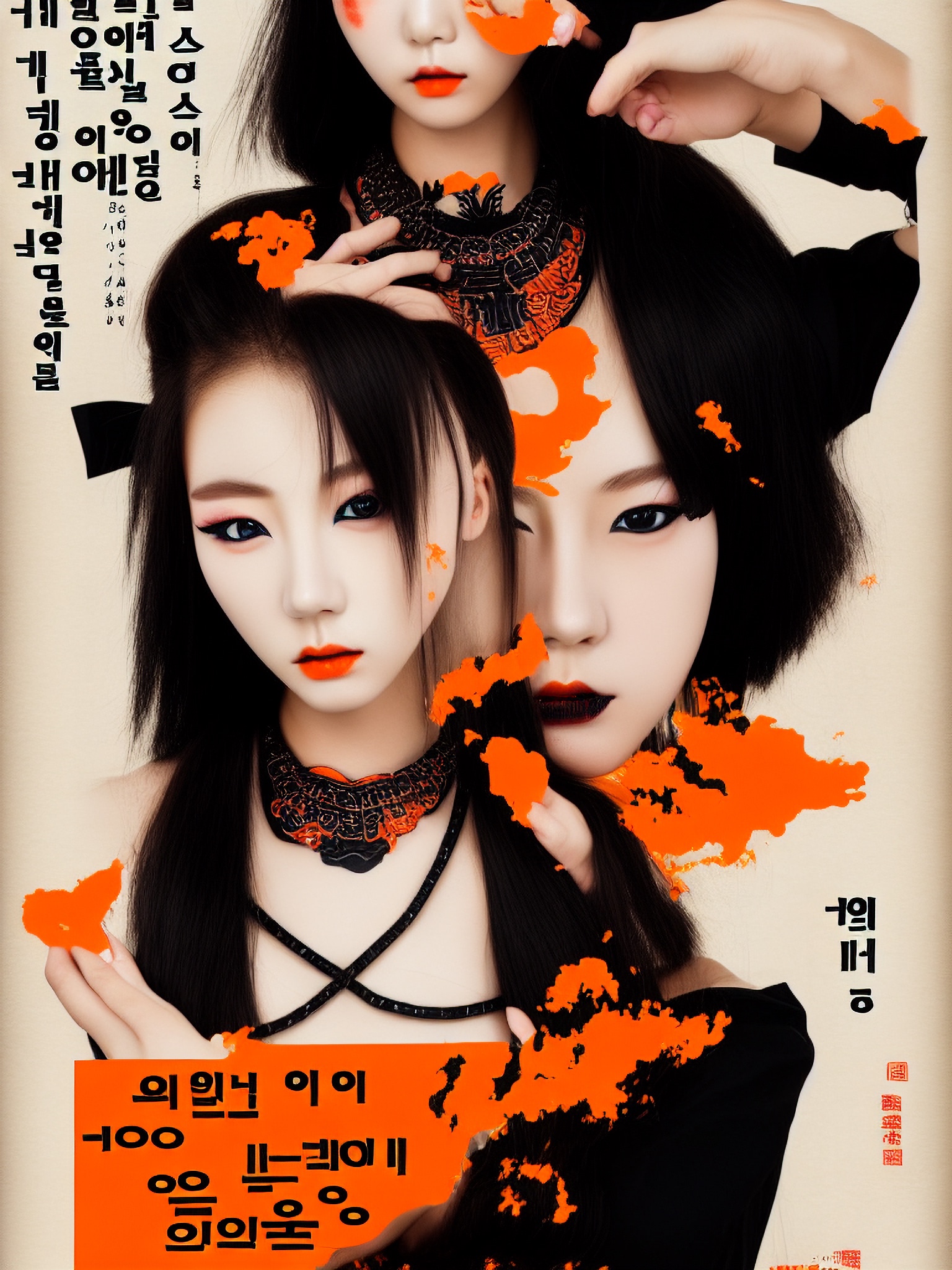 Propaganda poster featuring three young women with dark hair and orange accents, set against a beige background.