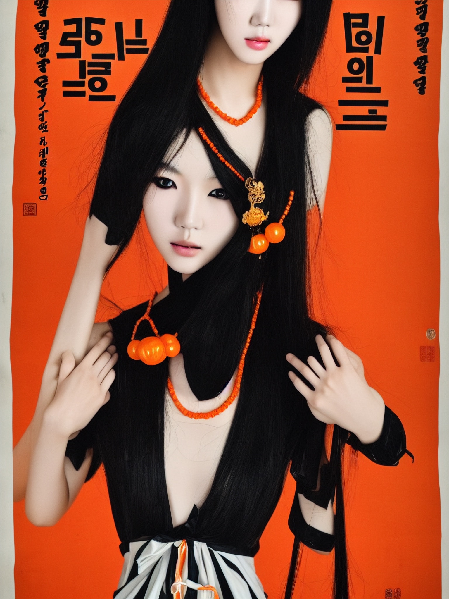 Propaganda poster featuring a woman with long black hair and orange accessories against an orange background.