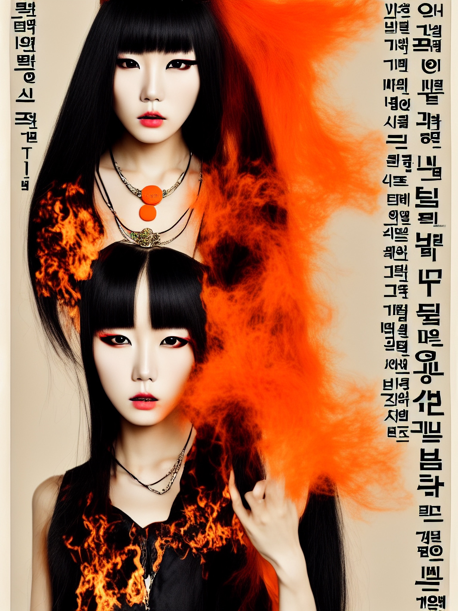 Propaganda poster featuring two women with black hair and orange flames.