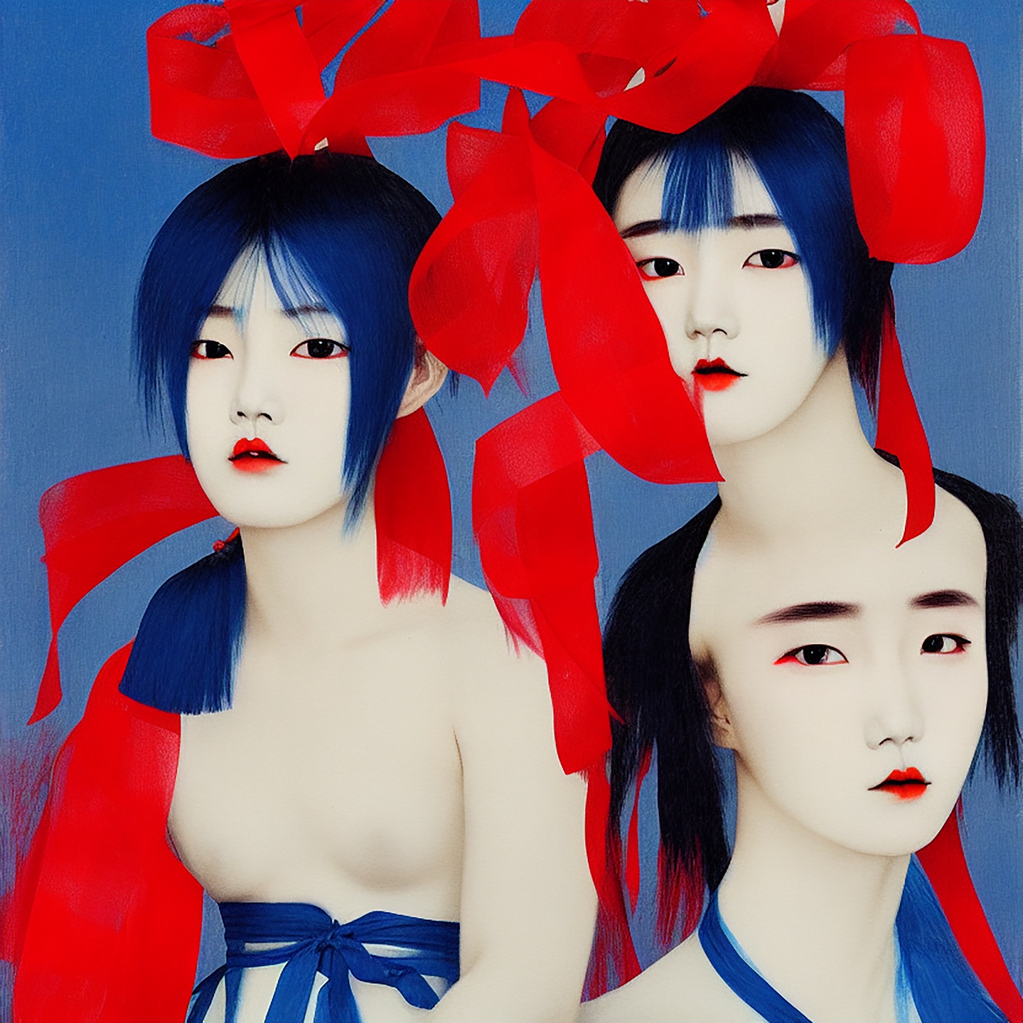 Three women with blue hair adorned with red ribbons.