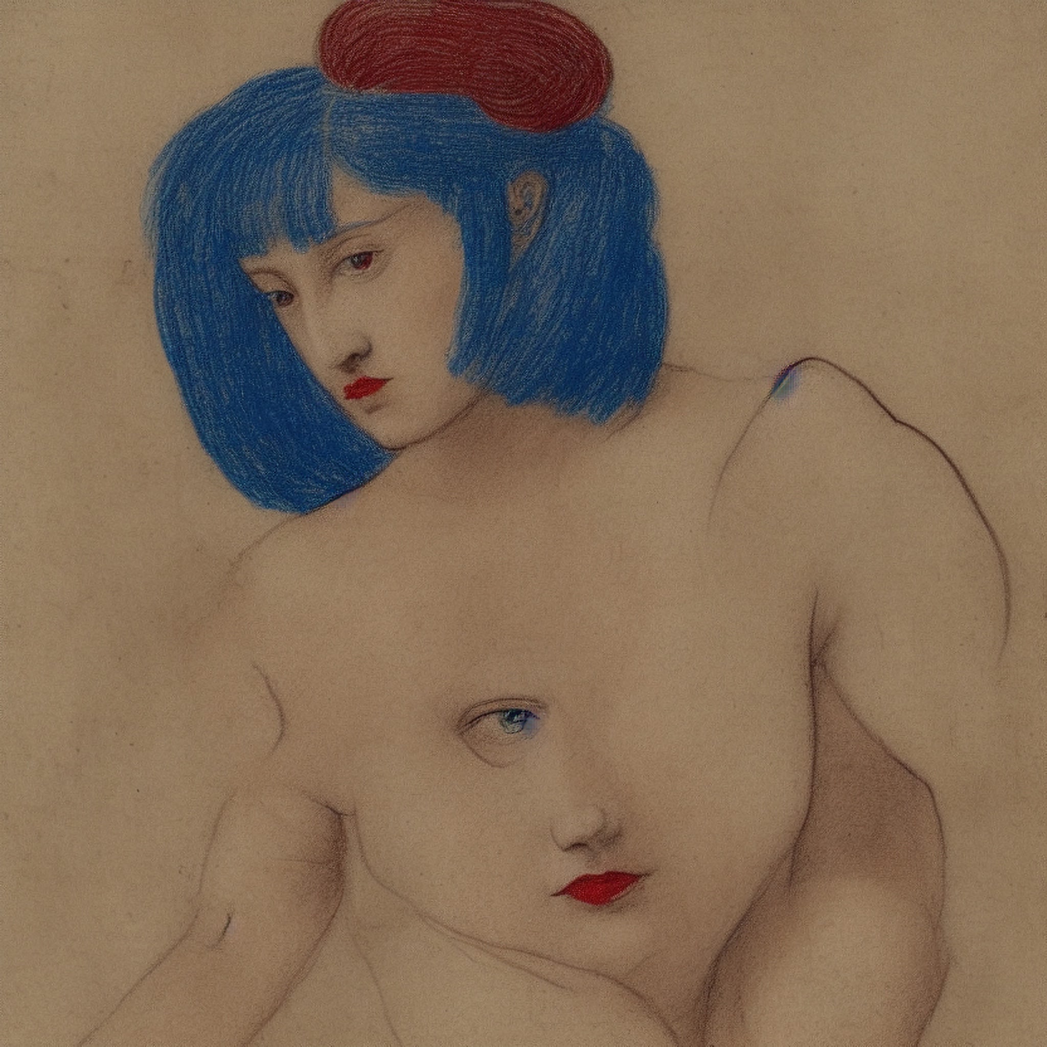 Renaissance-style drawing of a nude model with blue bob haircut and red lips, wearing a burgundy hat.