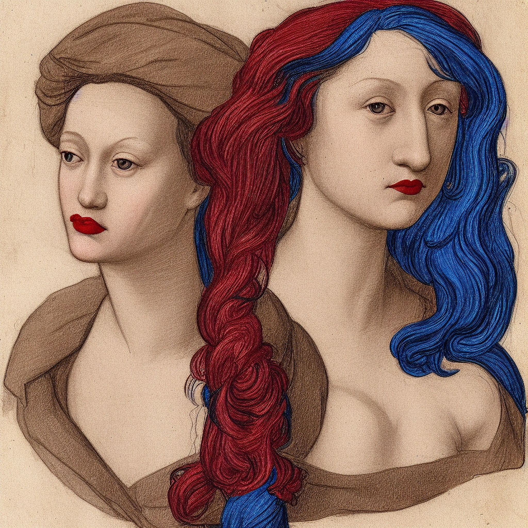Renaissance-style drawing of two women, one with red hair and the other with brown hair styled in a head wrap; both have red lips.