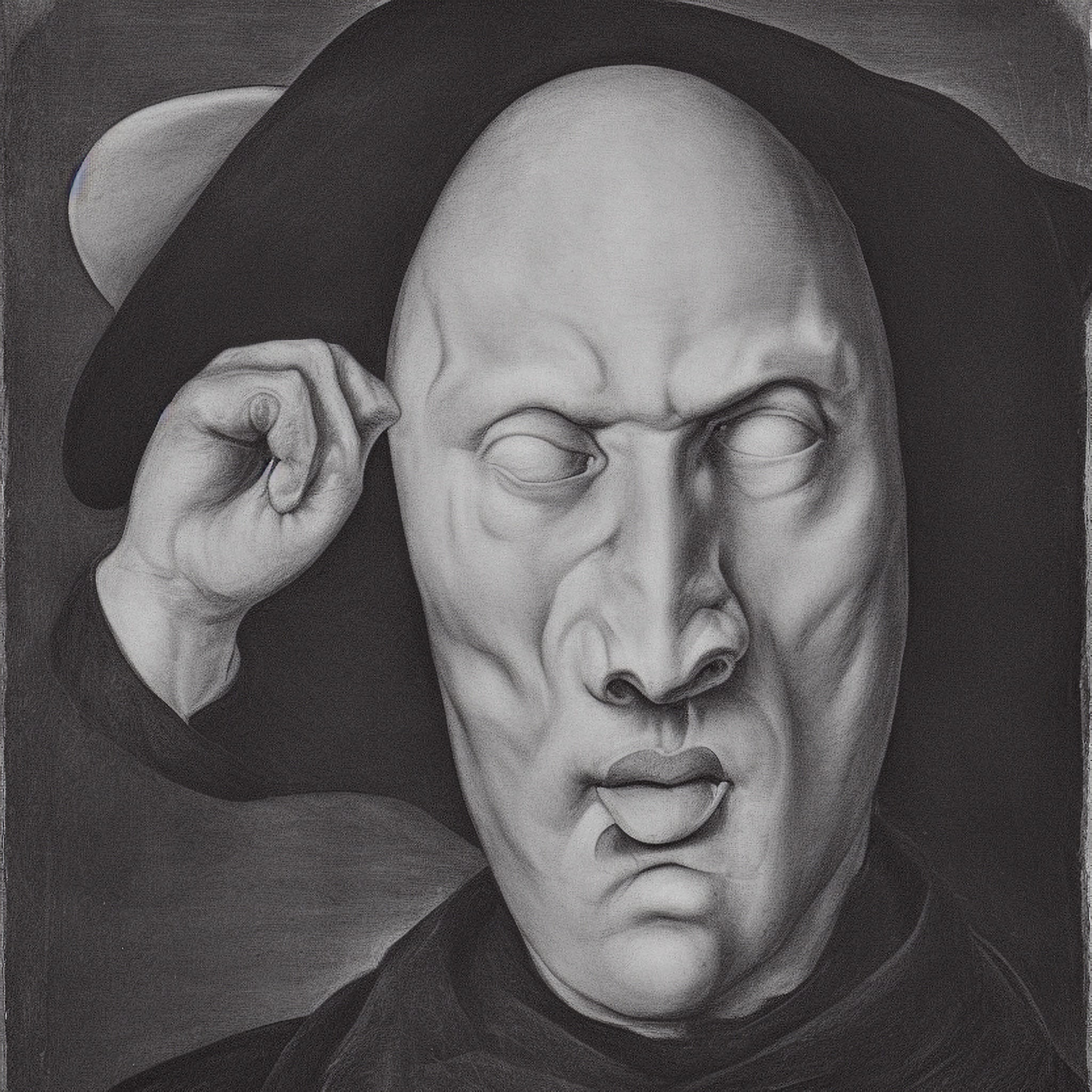 Black and white Renaissance-style painting of a man with a distorted, unrecognizable face.