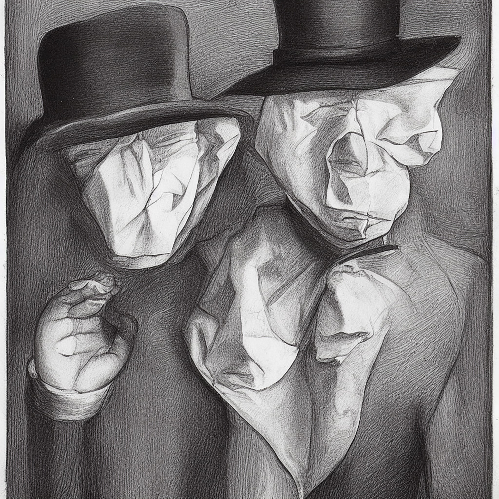 Black and white drawing of two faceless men in top hats.