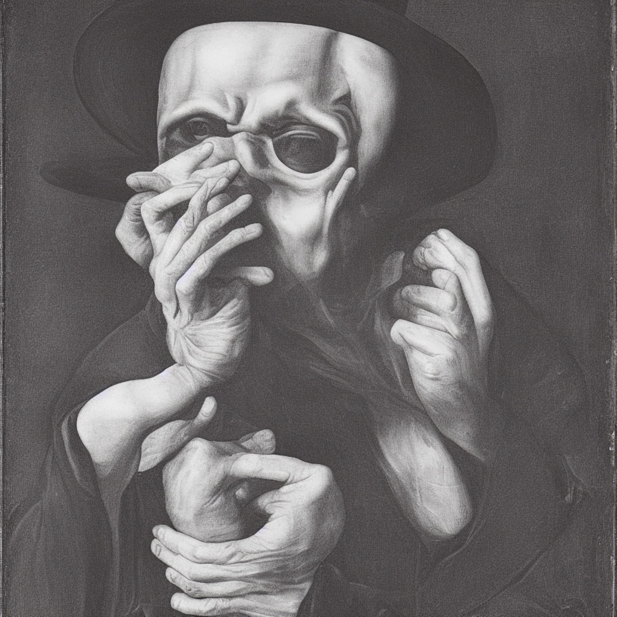 Black and white Renaissance-style painting of a person in a hat obscuring their face with their hands.