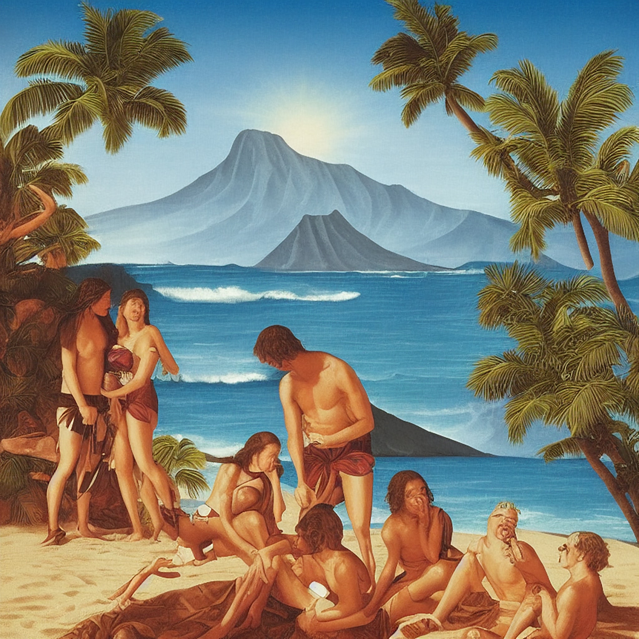 Painting of people on a Hawaiian beach with a volcano in the background.