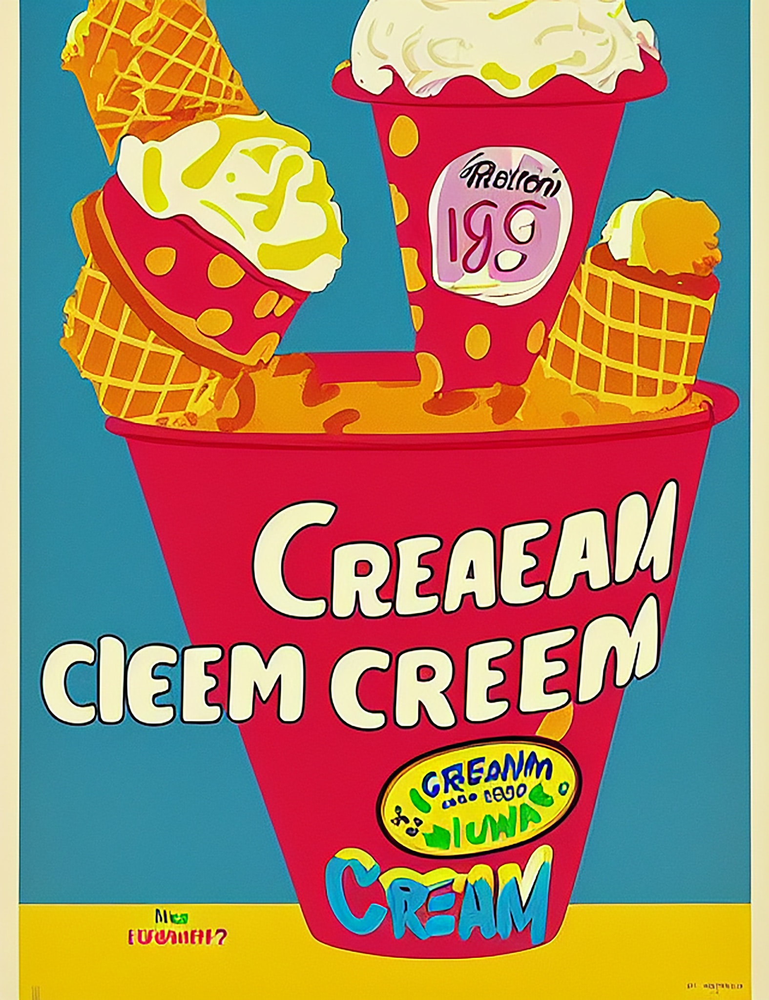 Retro 1980s poster design featuring ice cream in various cones and a large pink cup, with the text 'CREAEAM CIEM CREEM'.