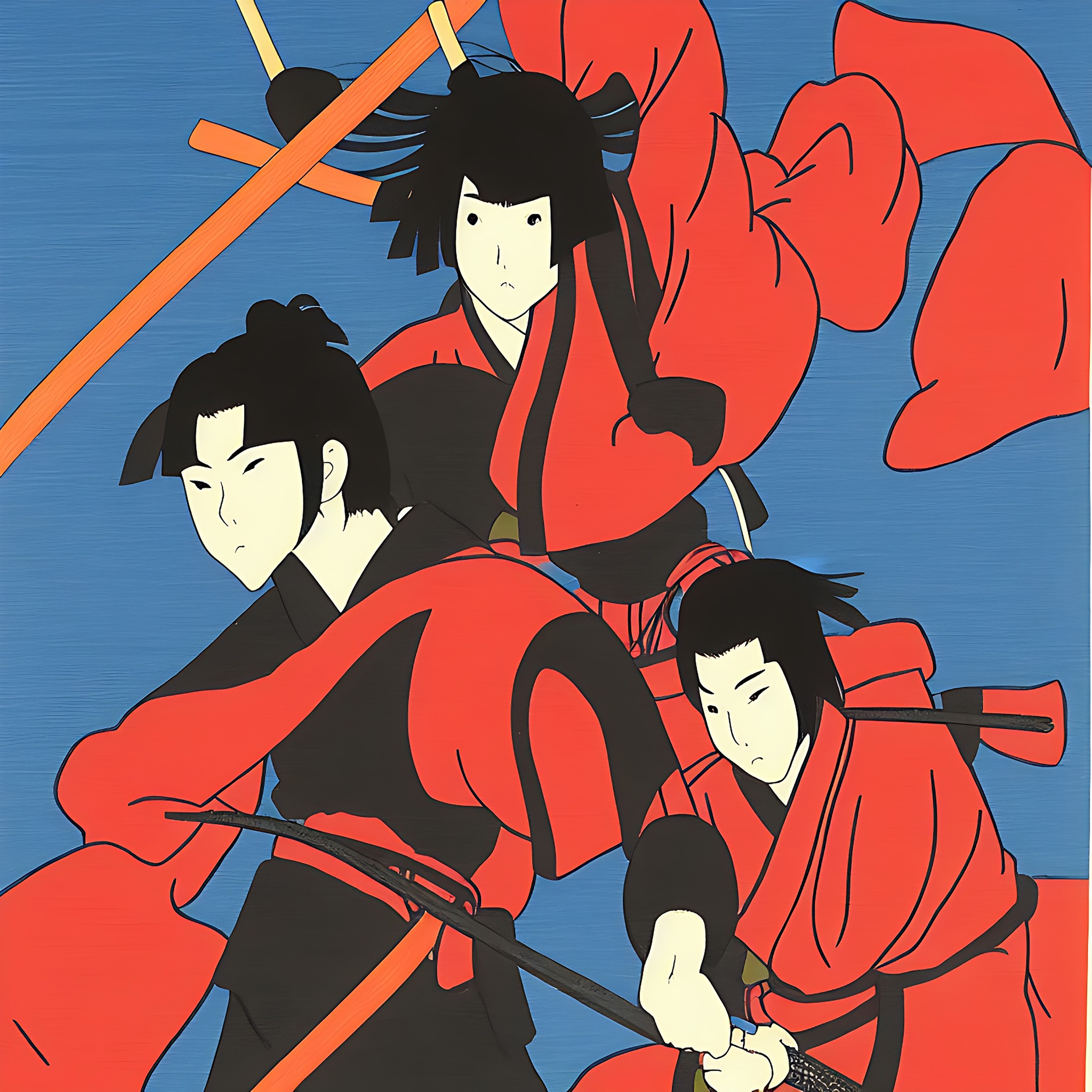 Anime-style illustration of three samurai in red wielding swords.