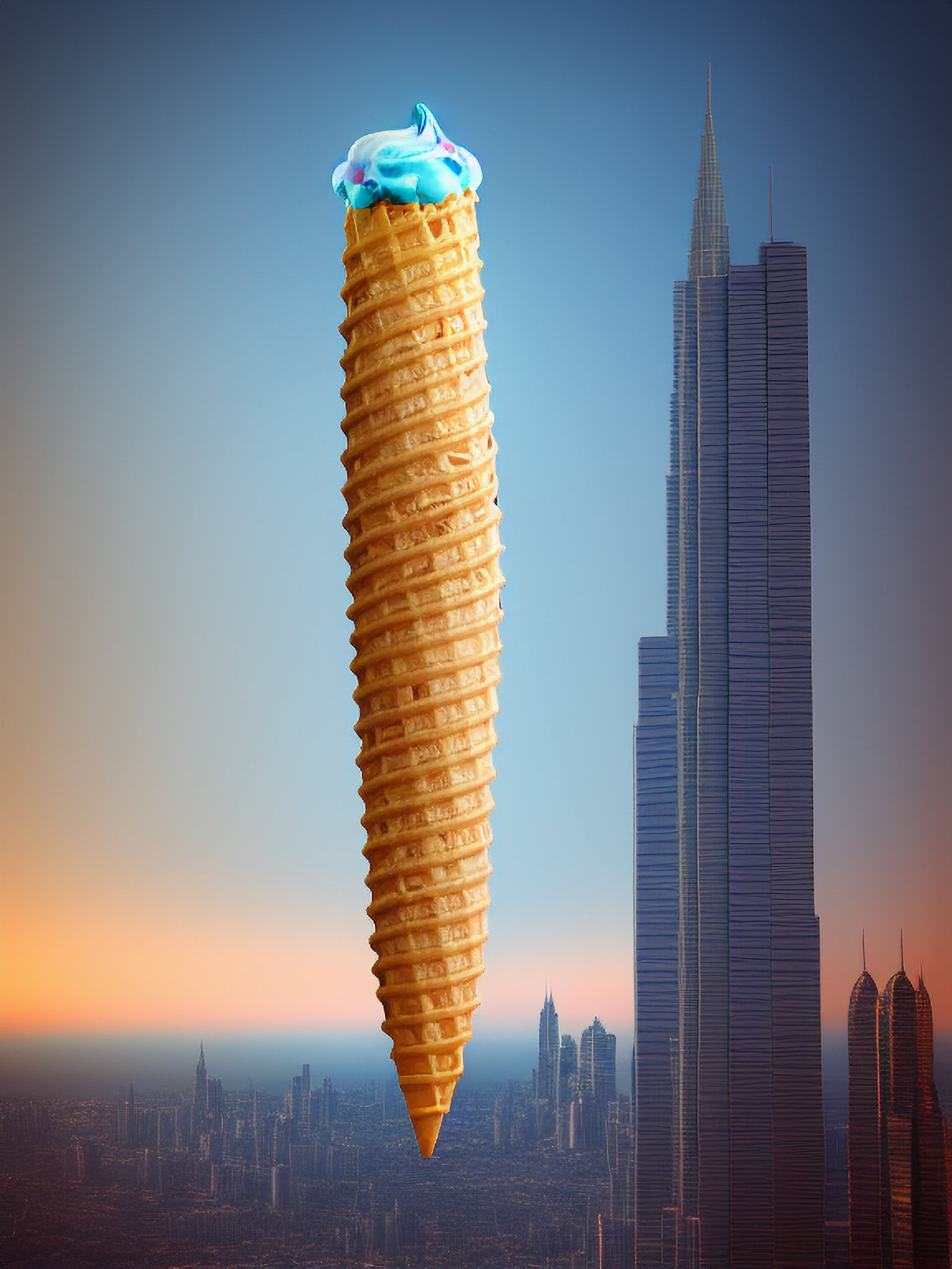 Giant ice cream cone with blue frosting in front of a city skyline.