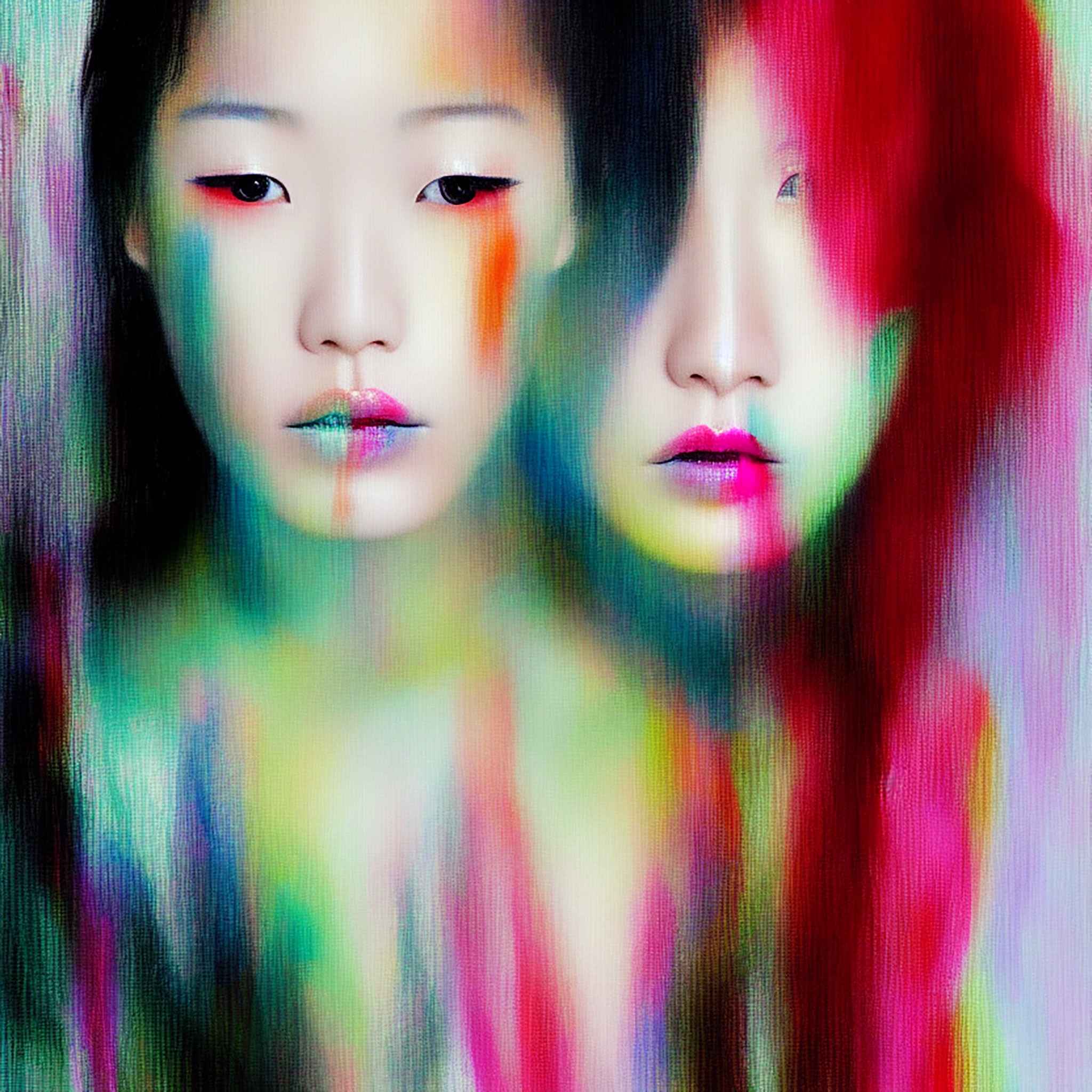 Abstract portrait of two Japanese women with smeared colorful makeup.