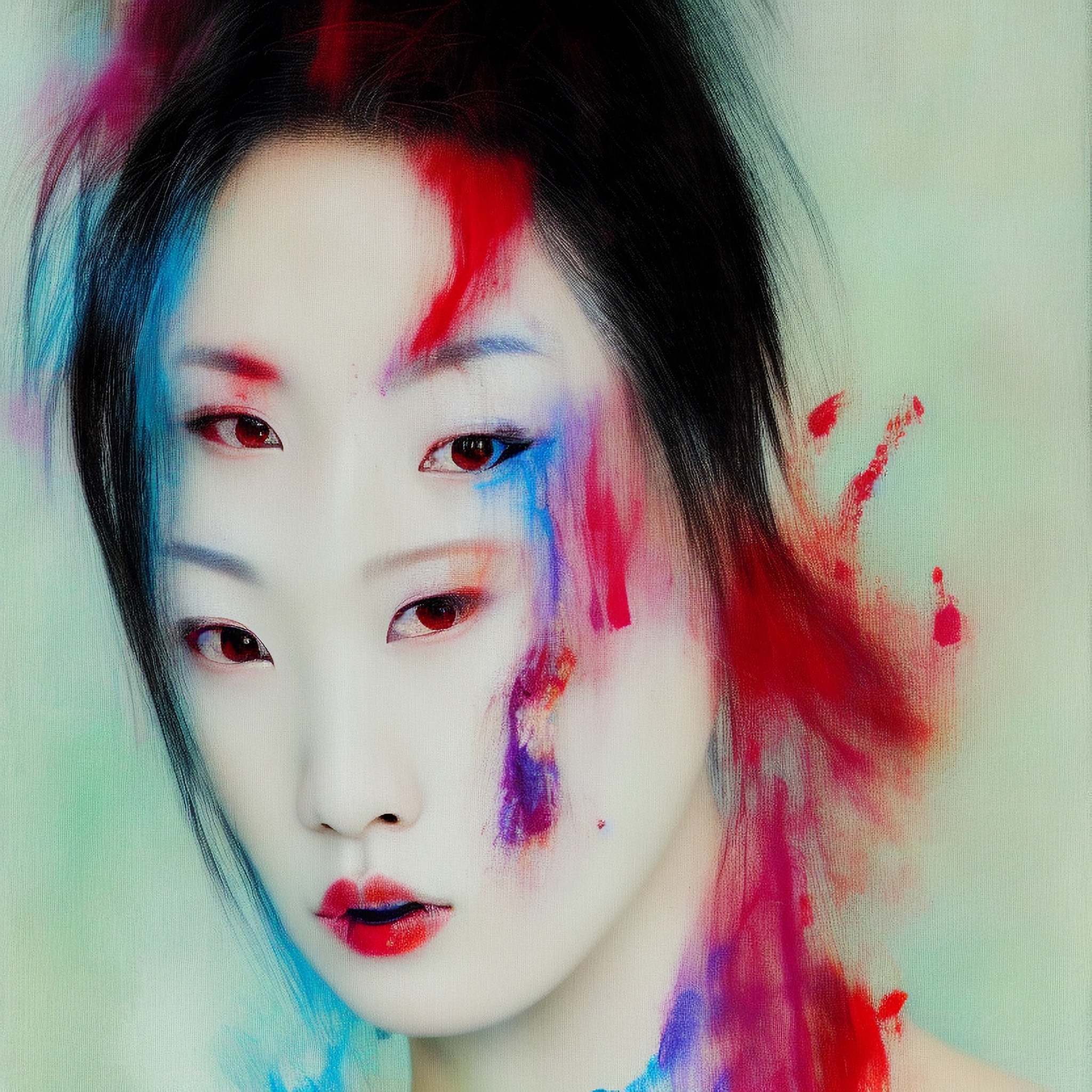 Portrait of a Japanese model with smeared colorful makeup.