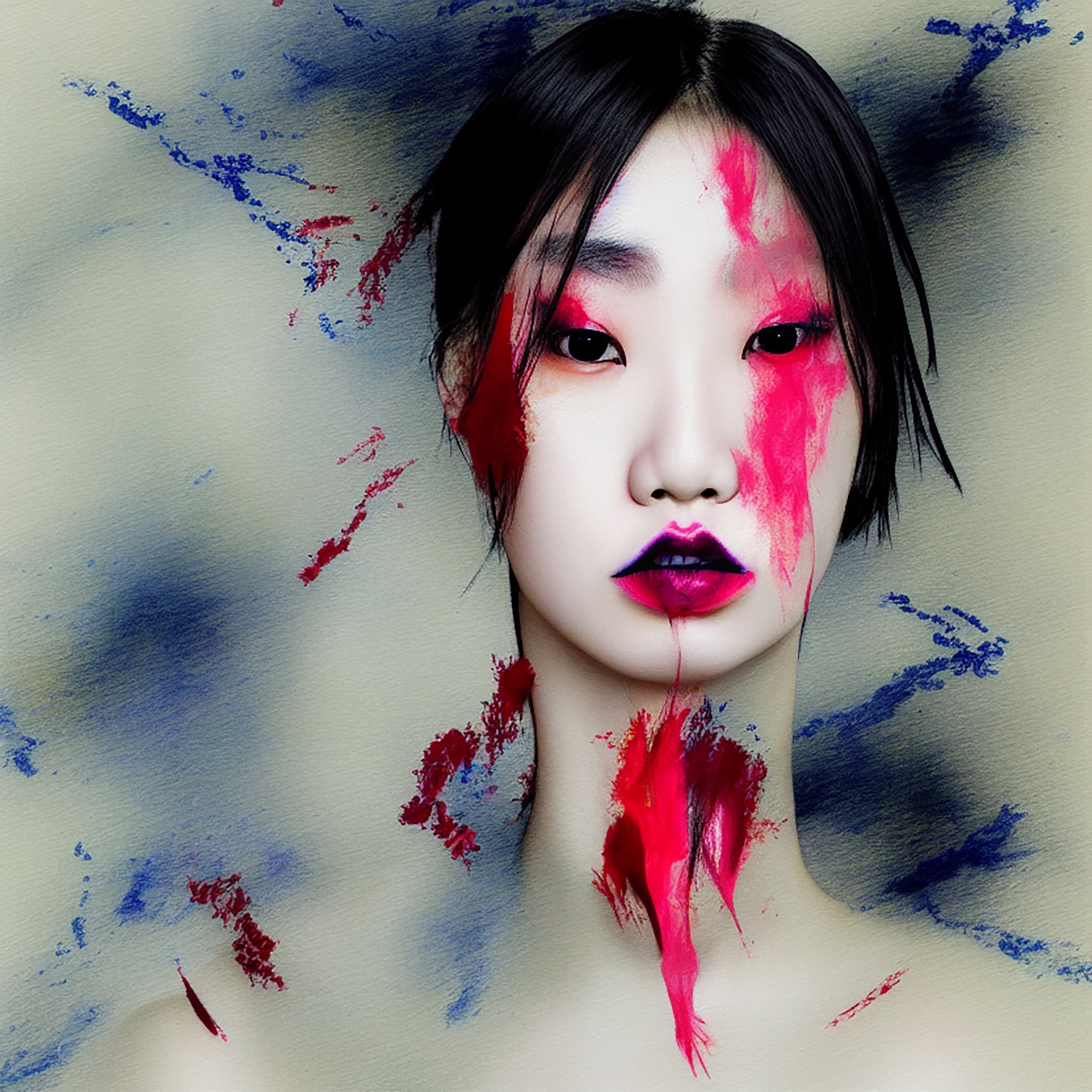 Portrait of a Japanese model with pink and blue paint splattered on her face and neck.