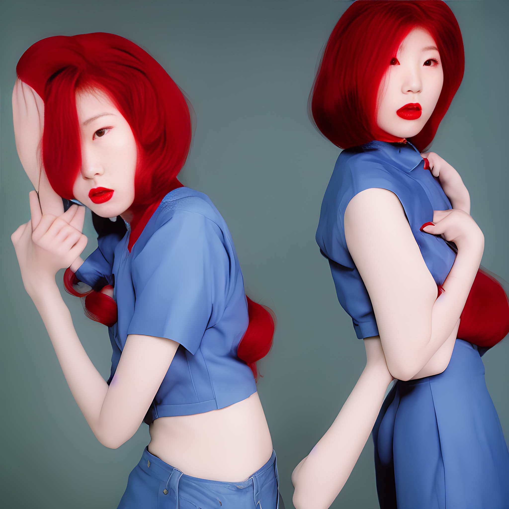 Studio portrait of two Korean models with vibrant red hair and blue outfits.
