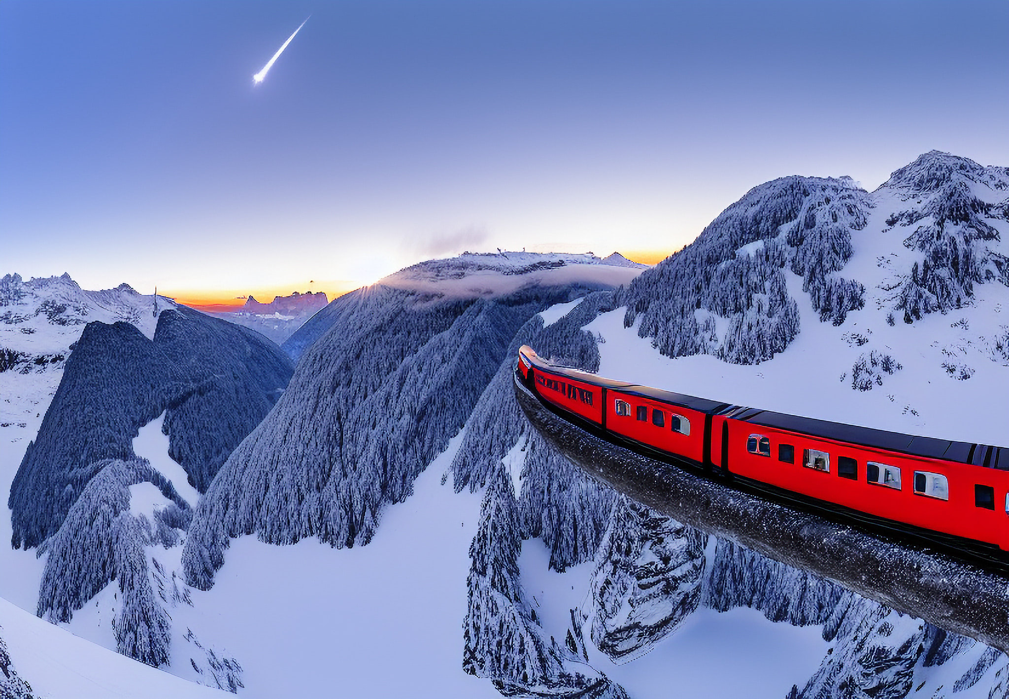 Red train on a mountainside track at sunset, snow-covered Alps in the background.