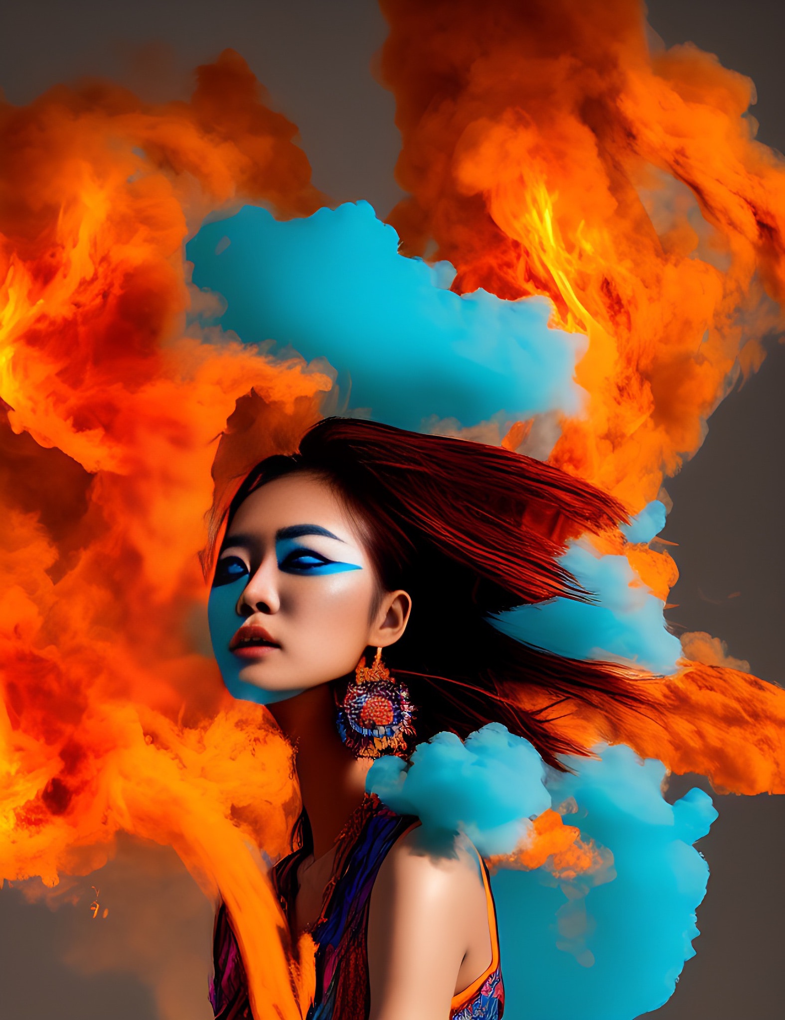 AI-generated art of a woman with blue and orange smoke.