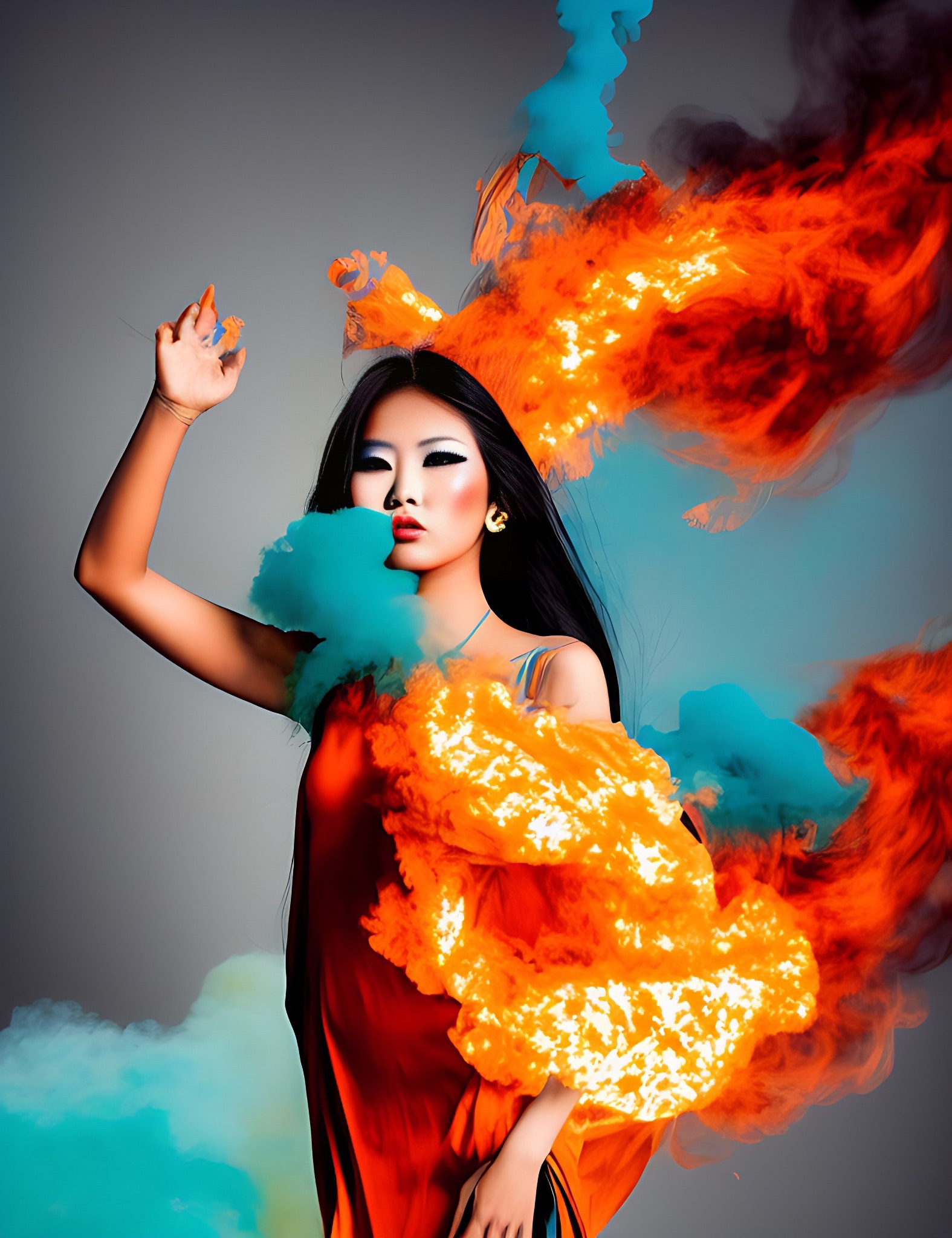 AI art of a model in an orange dress surrounded by teal and orange flames.