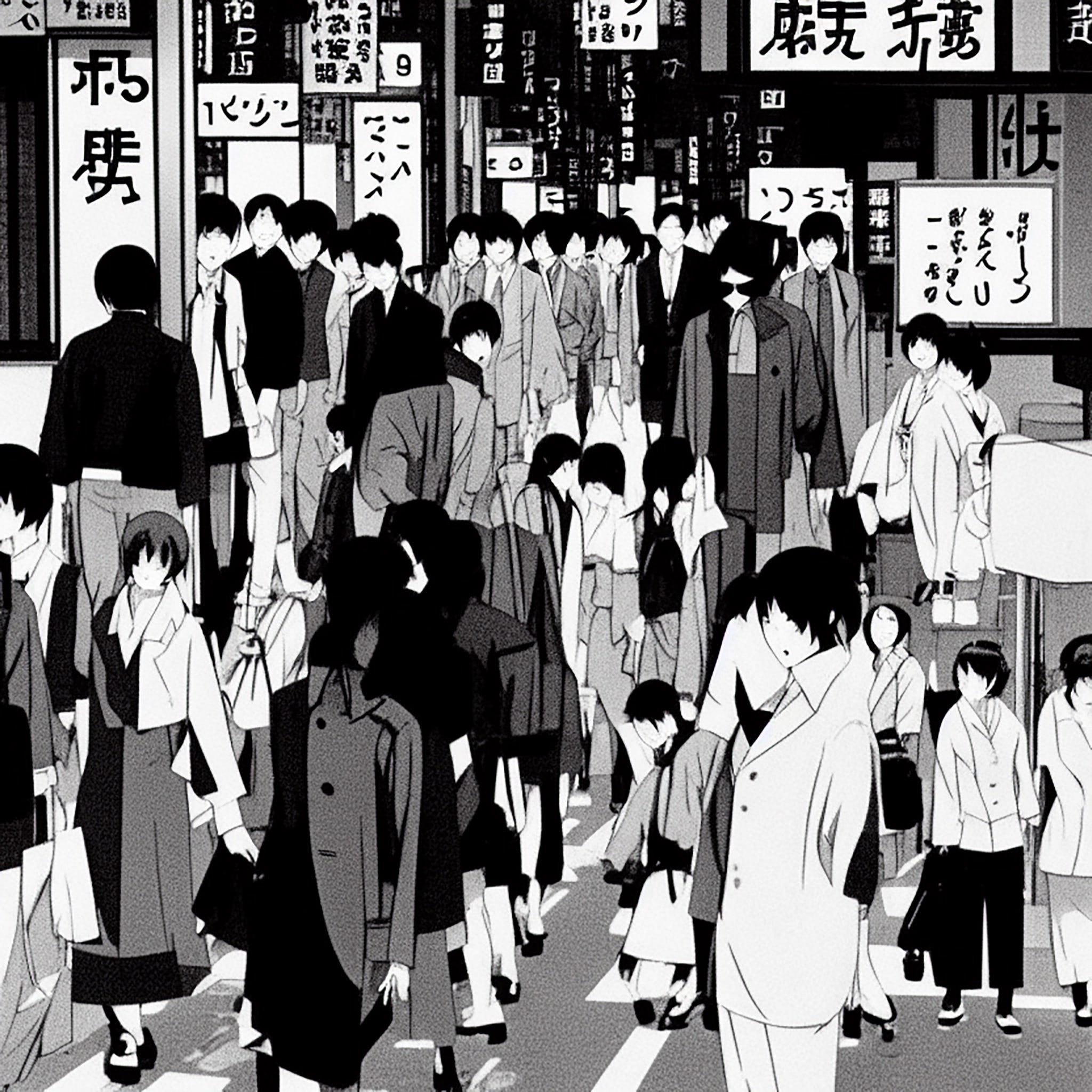 Black and white anime-style illustration of a crowded Tokyo street scene in the 1960s.