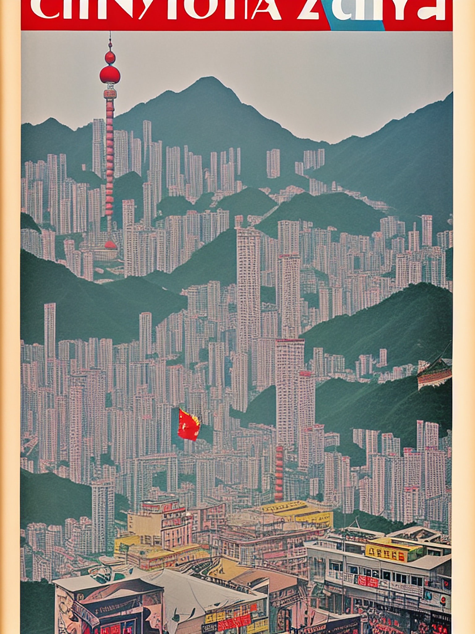 1970s Shanghai cityscape with a red tower and a Chinese flag.