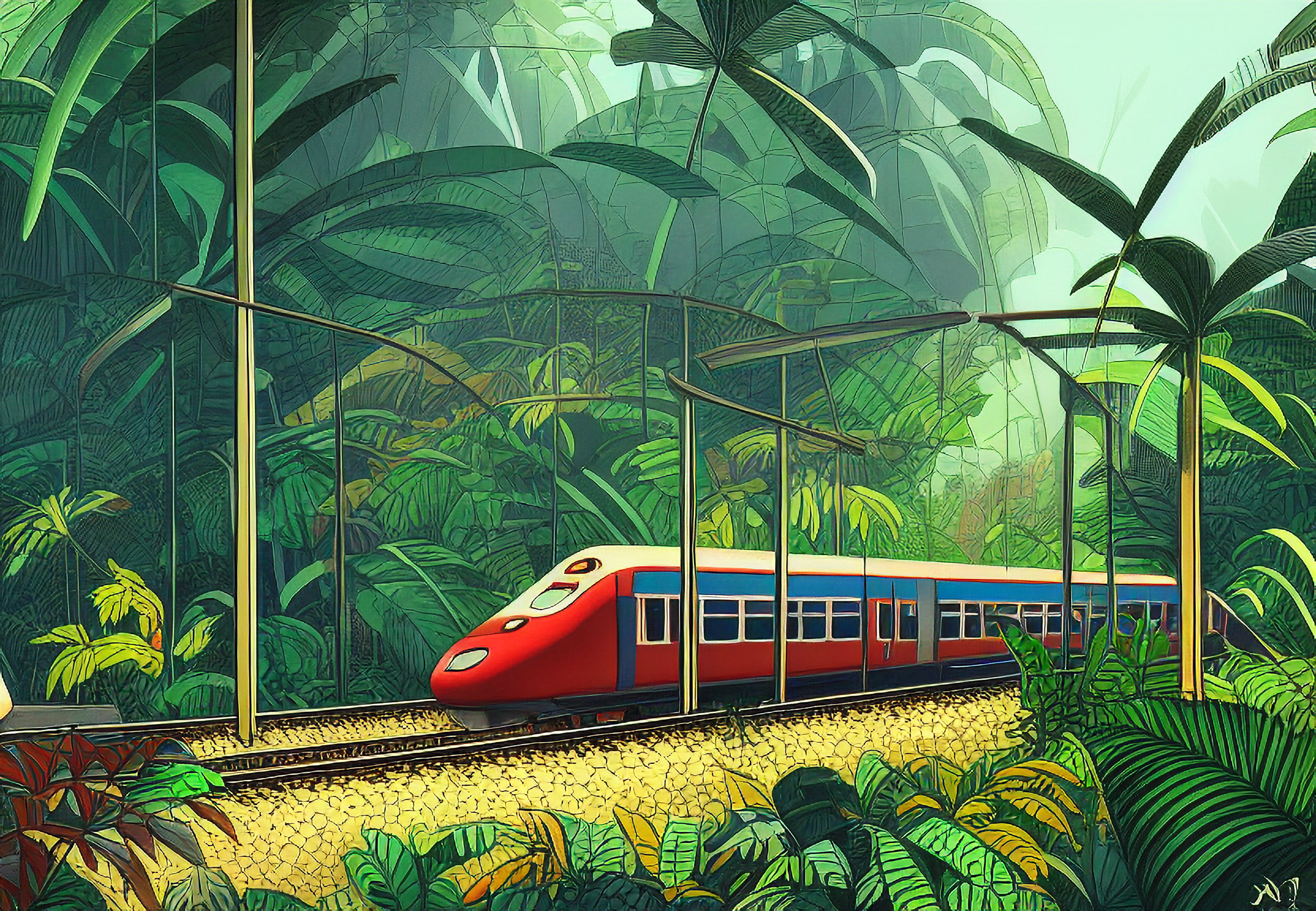 Train traveling through lush jungle.