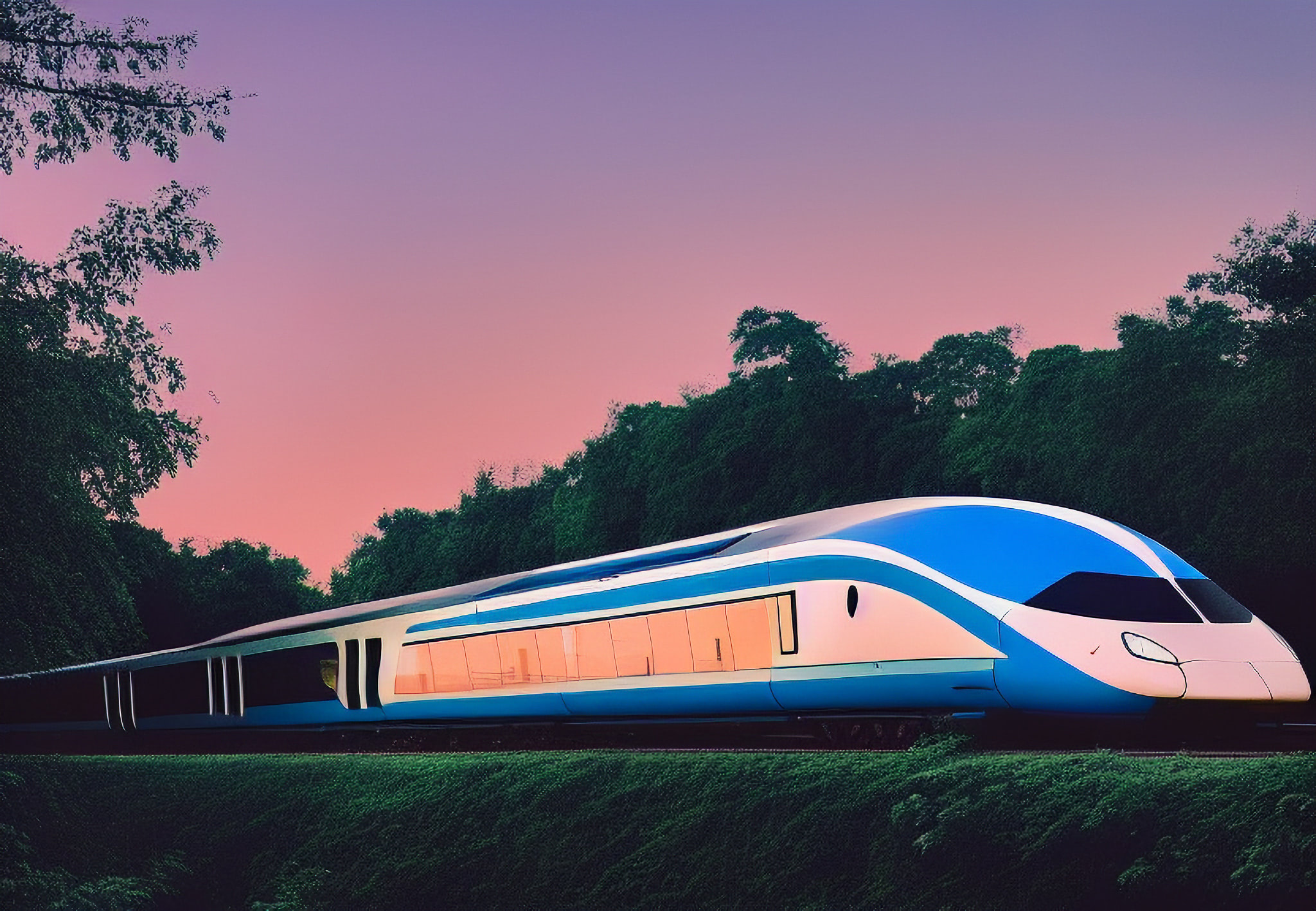 Modern high-speed train at sunset.